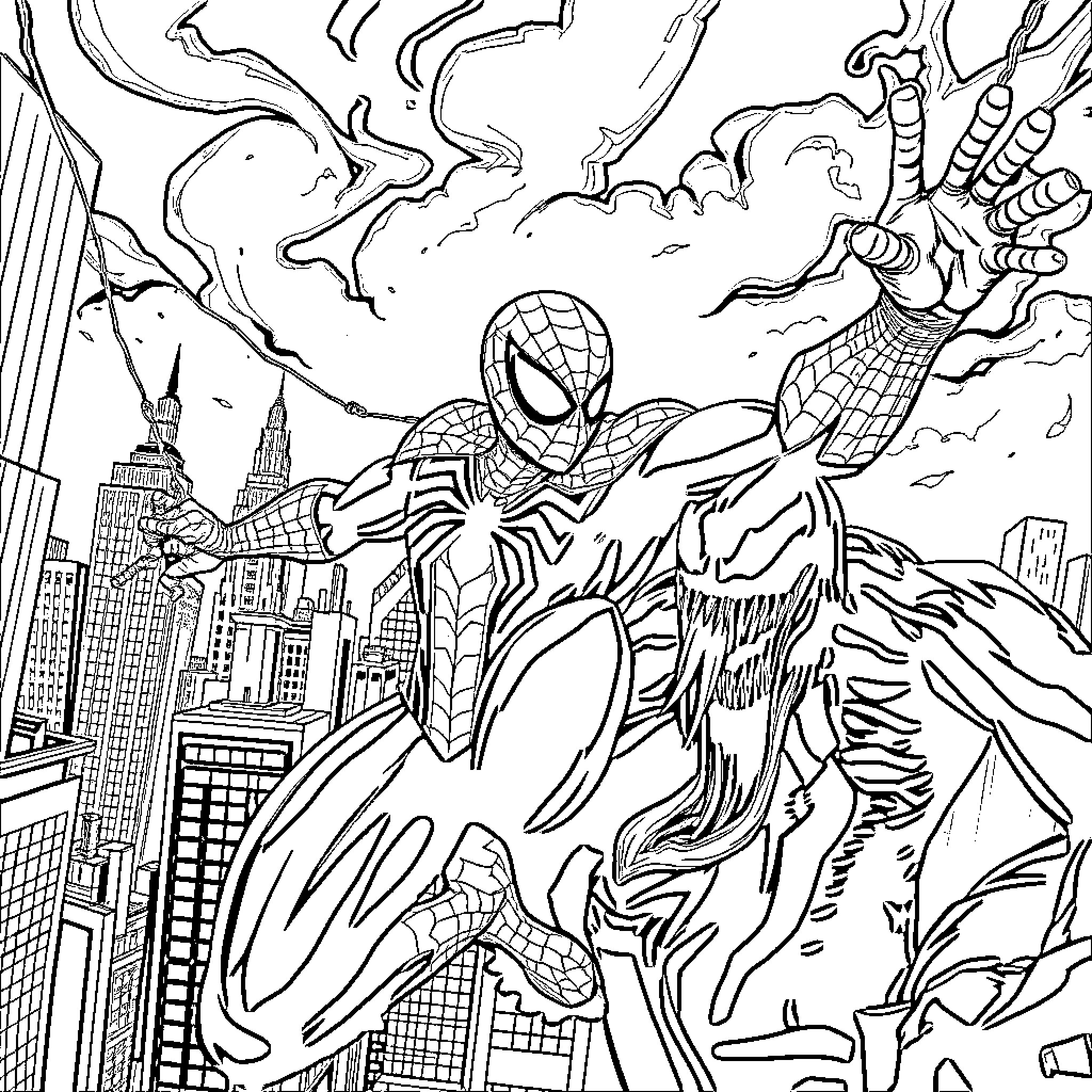 Spiderman swinging through the city with heroic pose Coloring Page (free black-and-white line drawing printable PDF for all, from beginners to advanced learners, including children, teens, adults, and seniors)