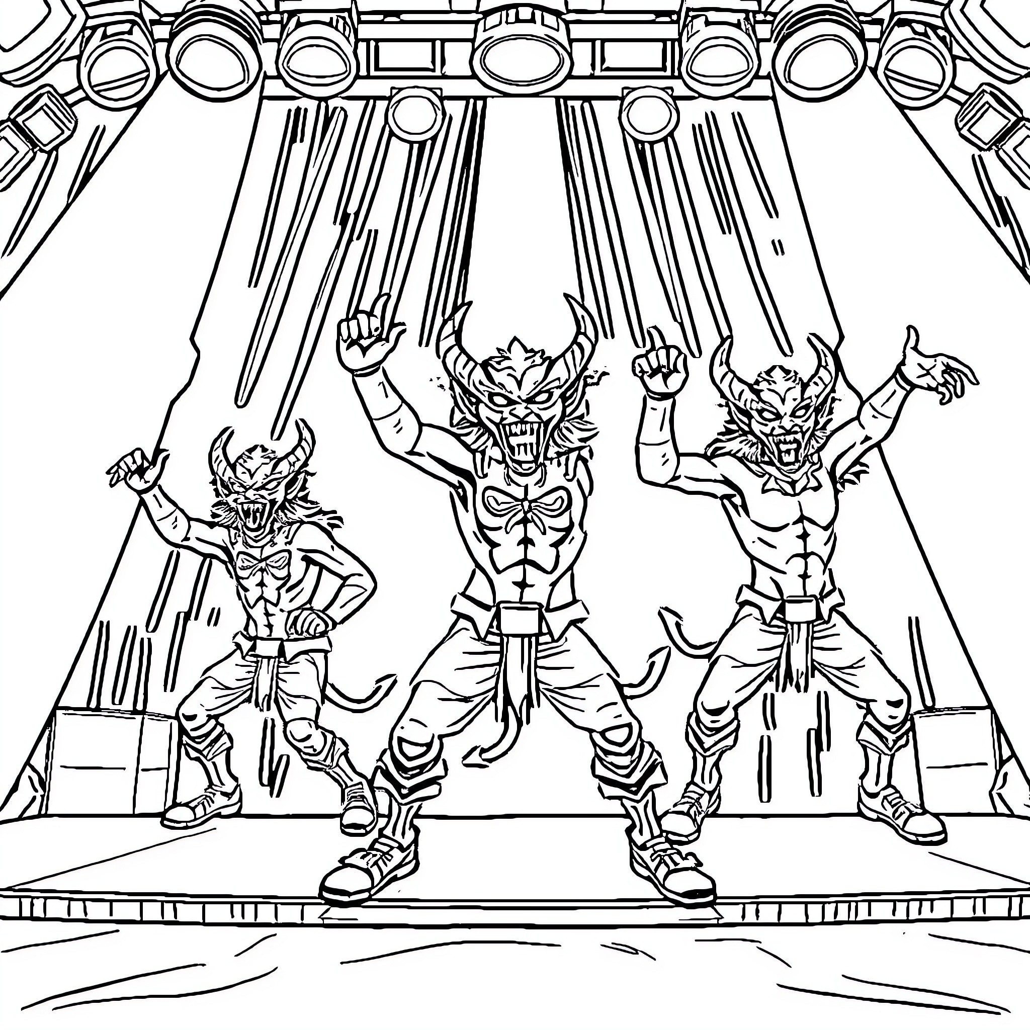 Demon warriors triumphantly posing in battle regalia Coloring Page (free black-and-white line drawing printable PDF for all, from beginners to advanced learners, including children, teens, adults, and seniors)