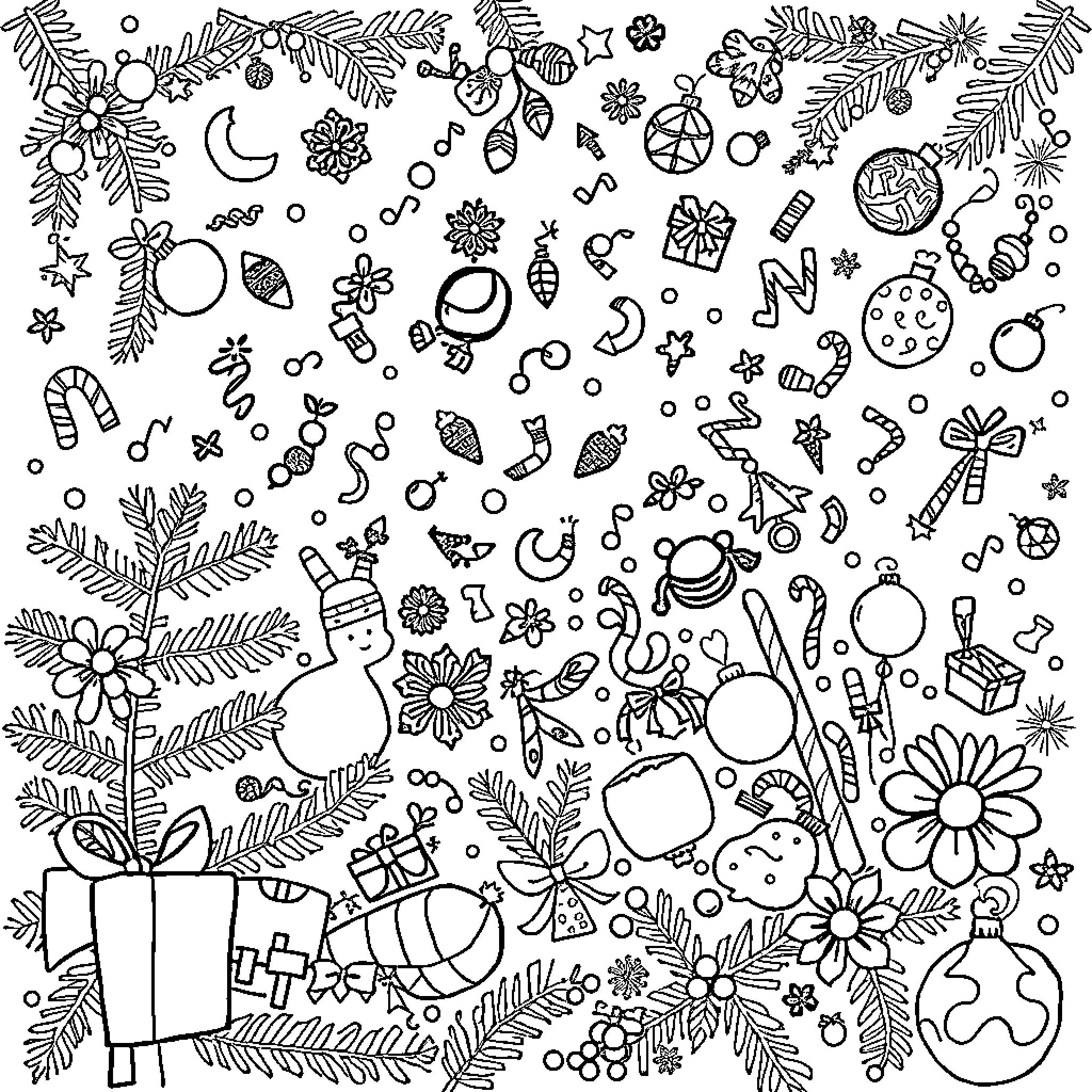 Christmas Doodles of Festive Elements and Decorations Coloring Page (free black-and-white line drawing printable PDF for all, from beginners to advanced learners, including children, teens, adults, and seniors)