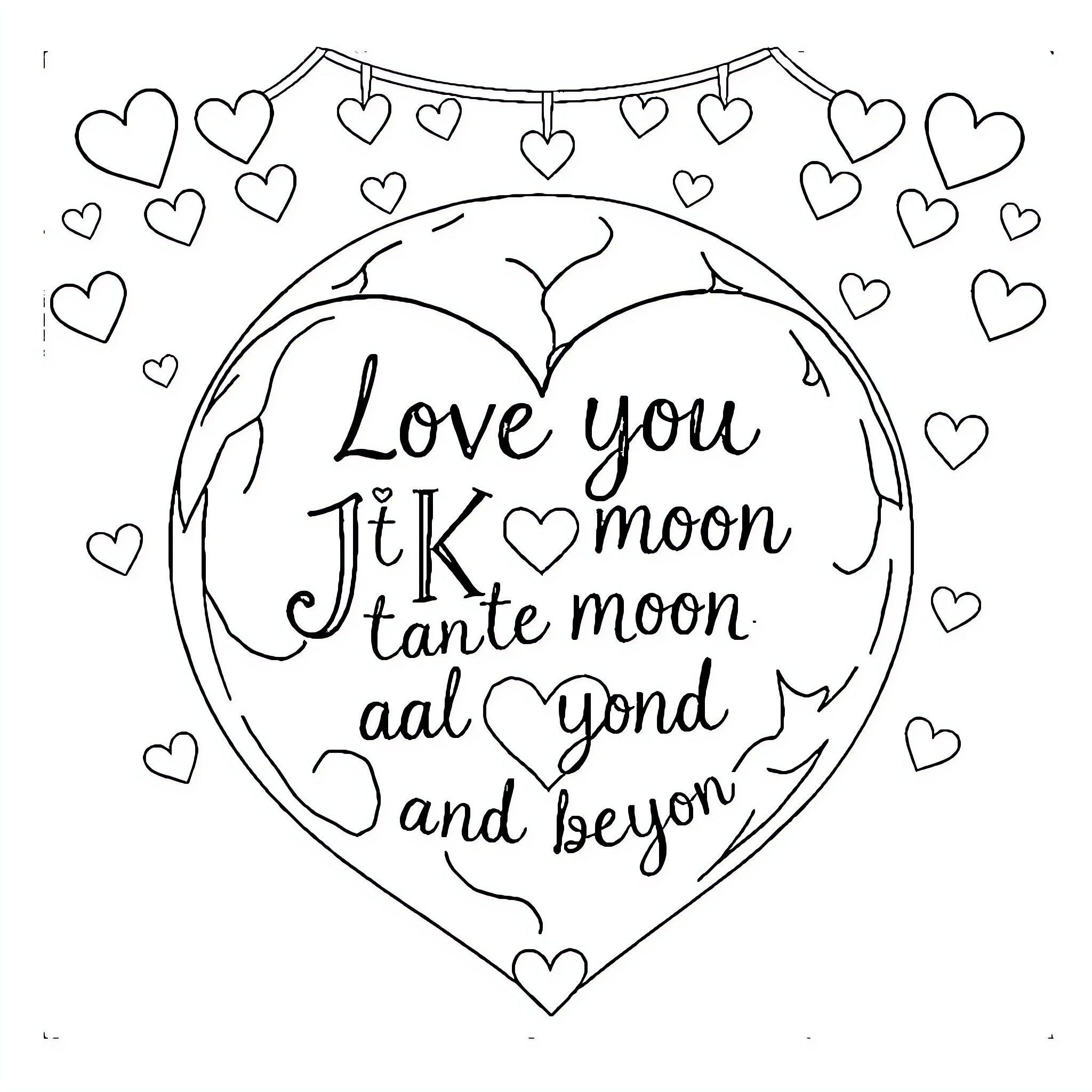 Heart-shaped love message with Dutch sayings Coloring Page (free black-and-white line drawing printable PDF for all, from beginners to advanced learners, including children, teens, adults, and seniors)