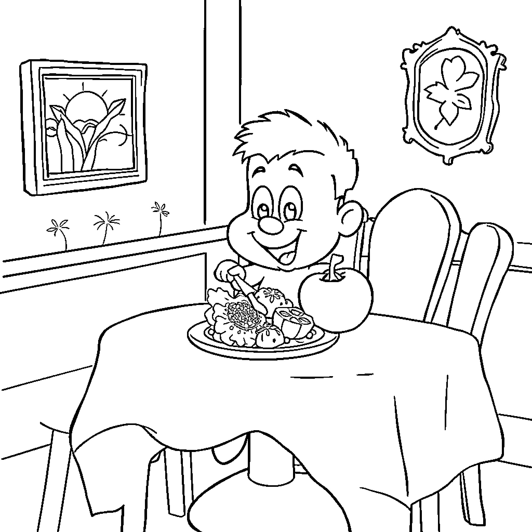 Pocoyo enjoying a meal in his home Coloring Page (free black-and-white line drawing printable PDF for all, from beginners to advanced learners, including children, teens, adults, and seniors)