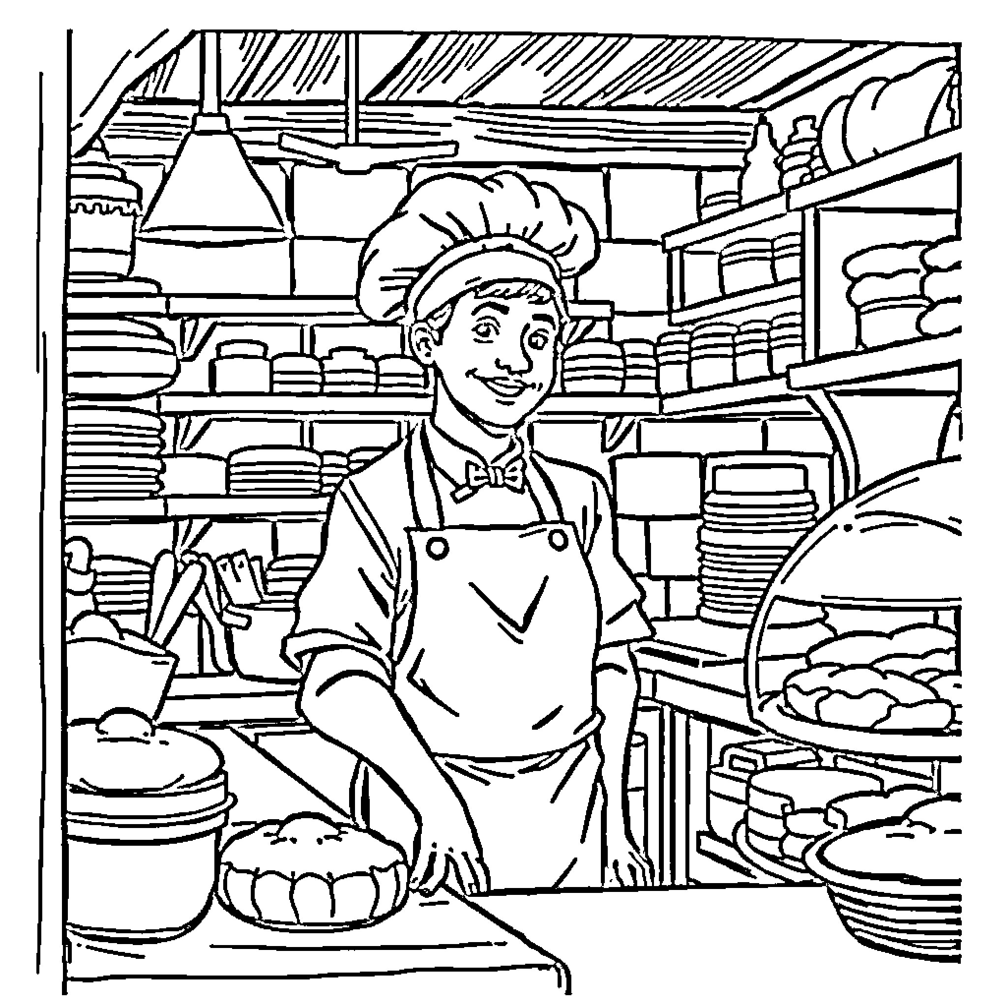 Badger chef in a well-stocked kitchen Coloring Page (free black-and-white line drawing printable PDF for all, from beginners to advanced learners, including children, teens, adults, and seniors)