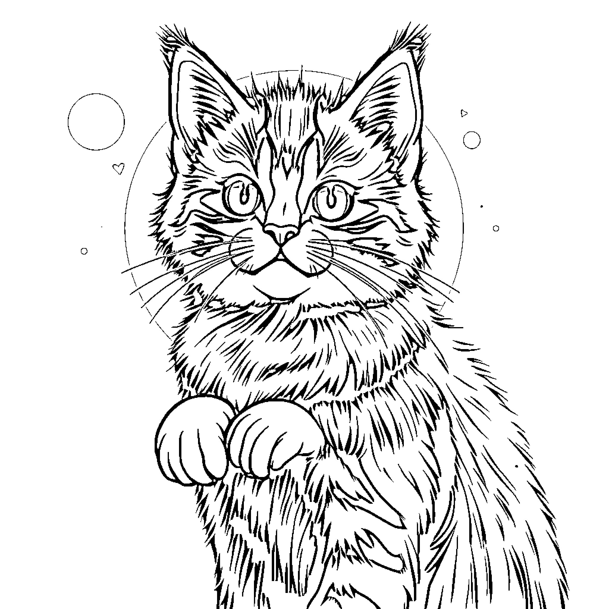 Cat with detailed fur in black and white Coloring Page (free black-and-white line drawing printable PDF for all, from beginners to advanced learners, including children, teens, adults, and seniors)