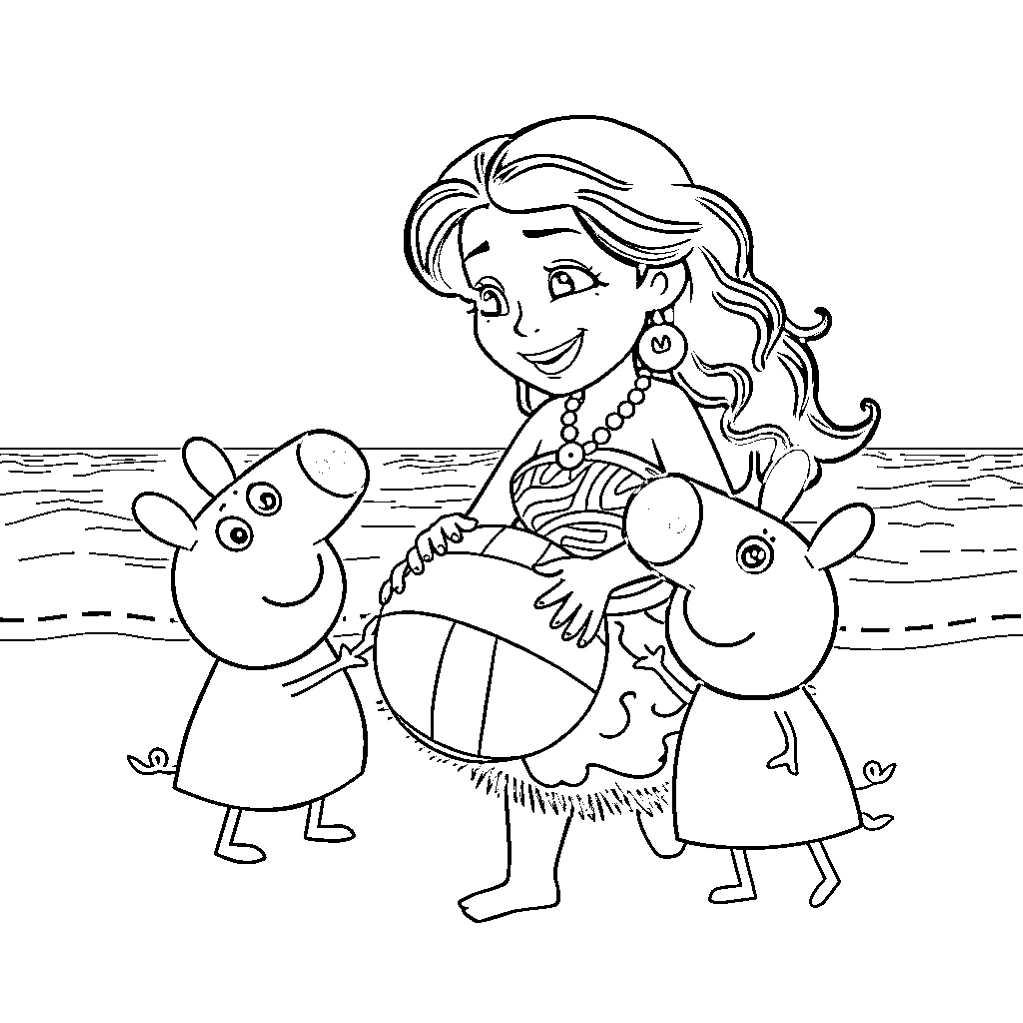 Moana playing with friends on the beach Coloring Page (free black-and-white line drawing printable PDF for all, from beginners to advanced learners, including children, teens, adults, and seniors)