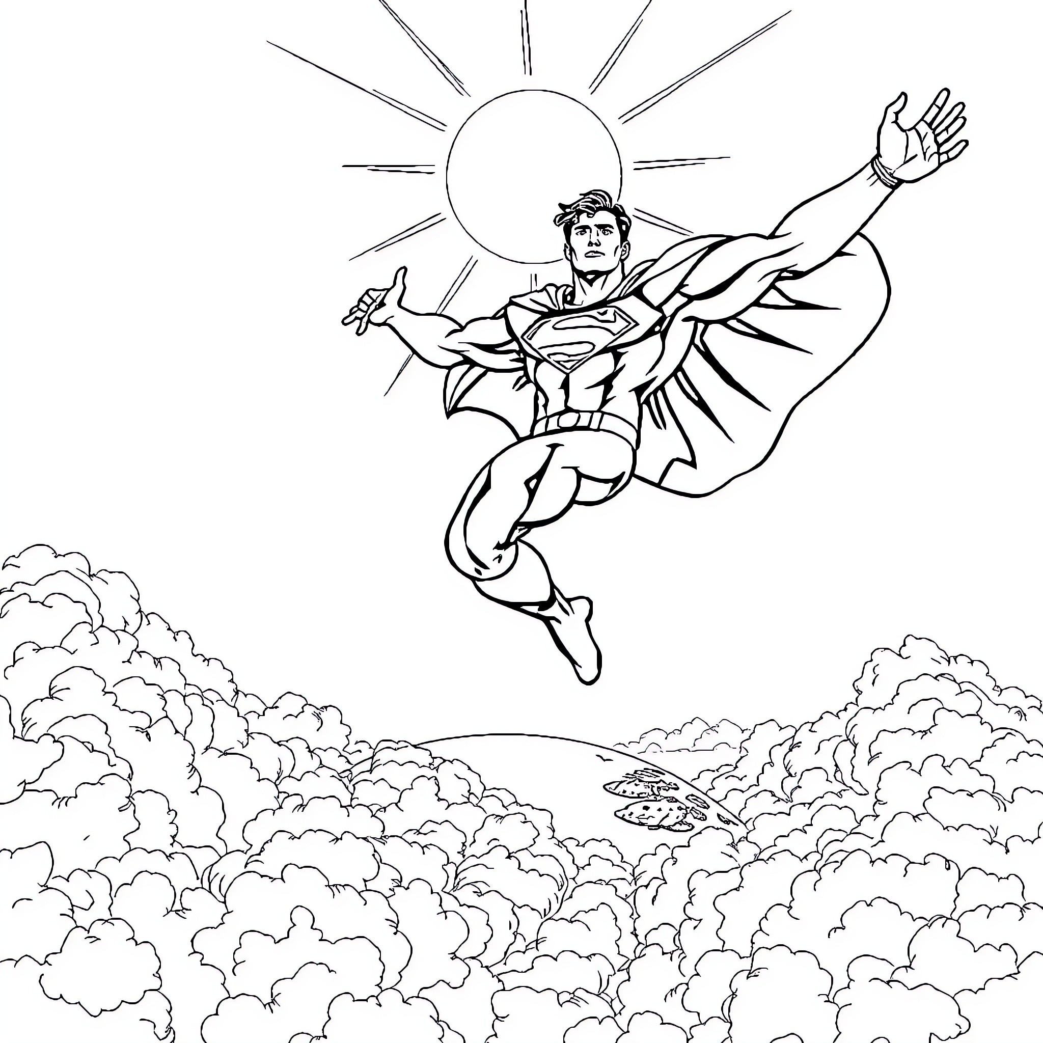 Superman soaring through the clouds Coloring Page (free black-and-white line drawing printable PDF for all, from beginners to advanced learners, including children, teens, adults, and seniors)