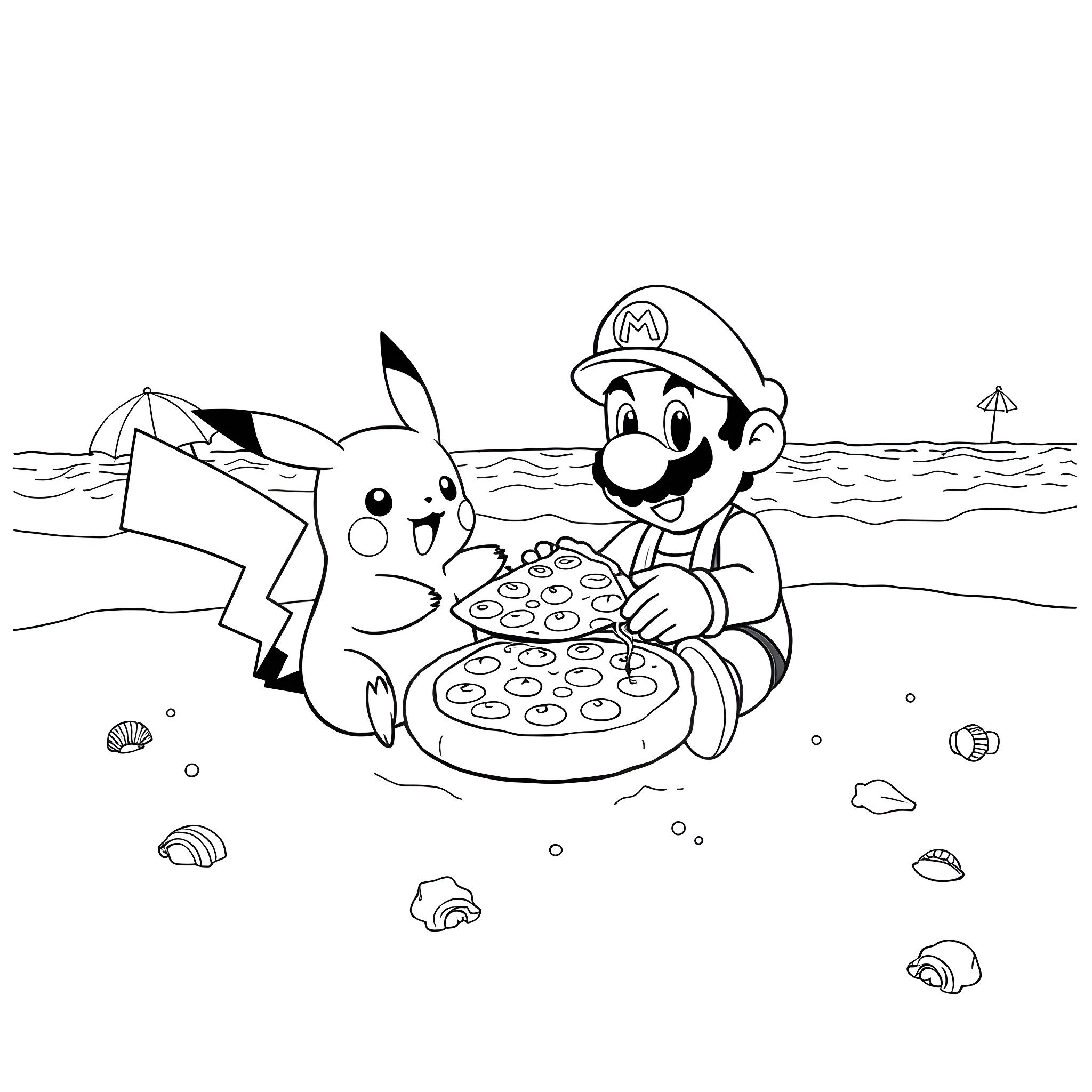 Pikachu and Mario sharing a pizza on the beach Coloring Page (free black-and-white line drawing printable PDF for all, from beginners to advanced learners, including children, teens, adults, and seniors)