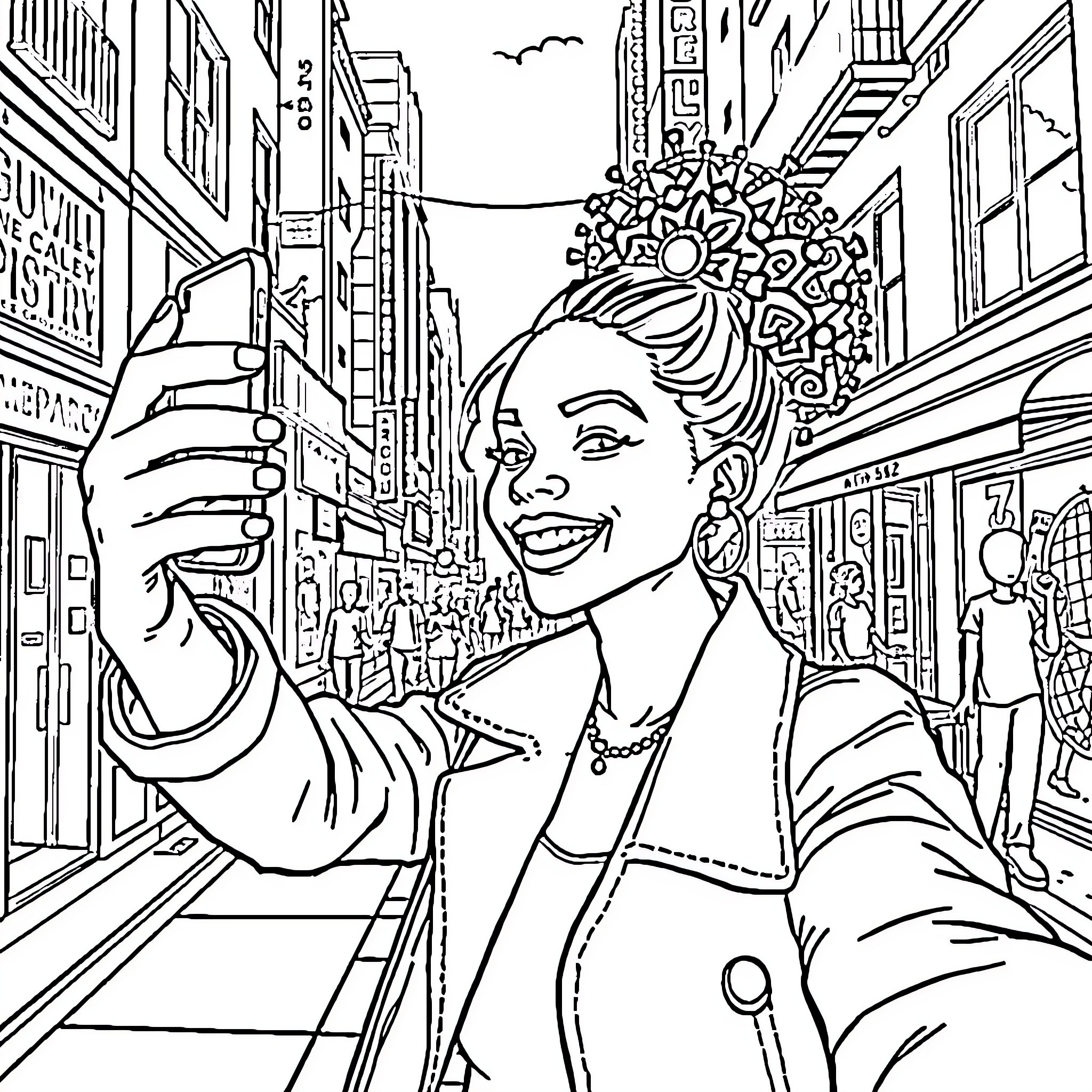 Girl takes selfie in vibrant city street Coloring Page (free black-and-white line drawing printable PDF for all, from beginners to advanced learners, including children, teens, adults, and seniors)