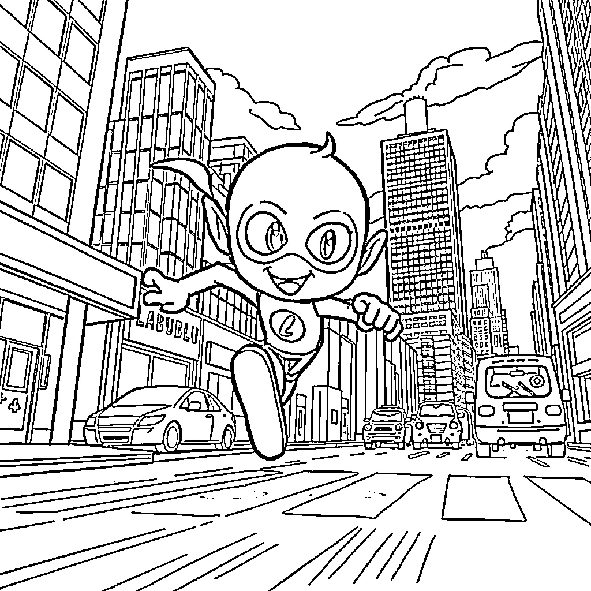 Labubu's Lively Adventure in the City Coloring Page (free black-and-white line drawing printable PDF for all, from beginners to advanced learners, including children, teens, adults, and seniors)