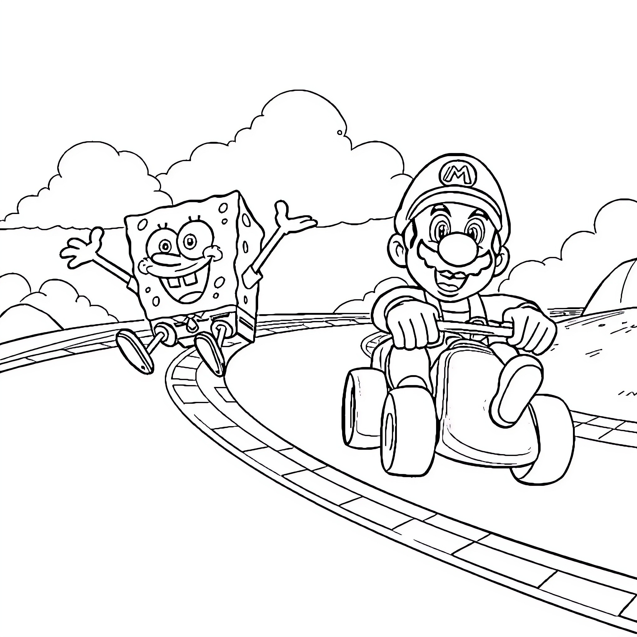 Spongebob and Mario racing on a track Coloring Page (free black-and-white line drawing printable PDF for all, from beginners to advanced learners, including children, teens, adults, and seniors)