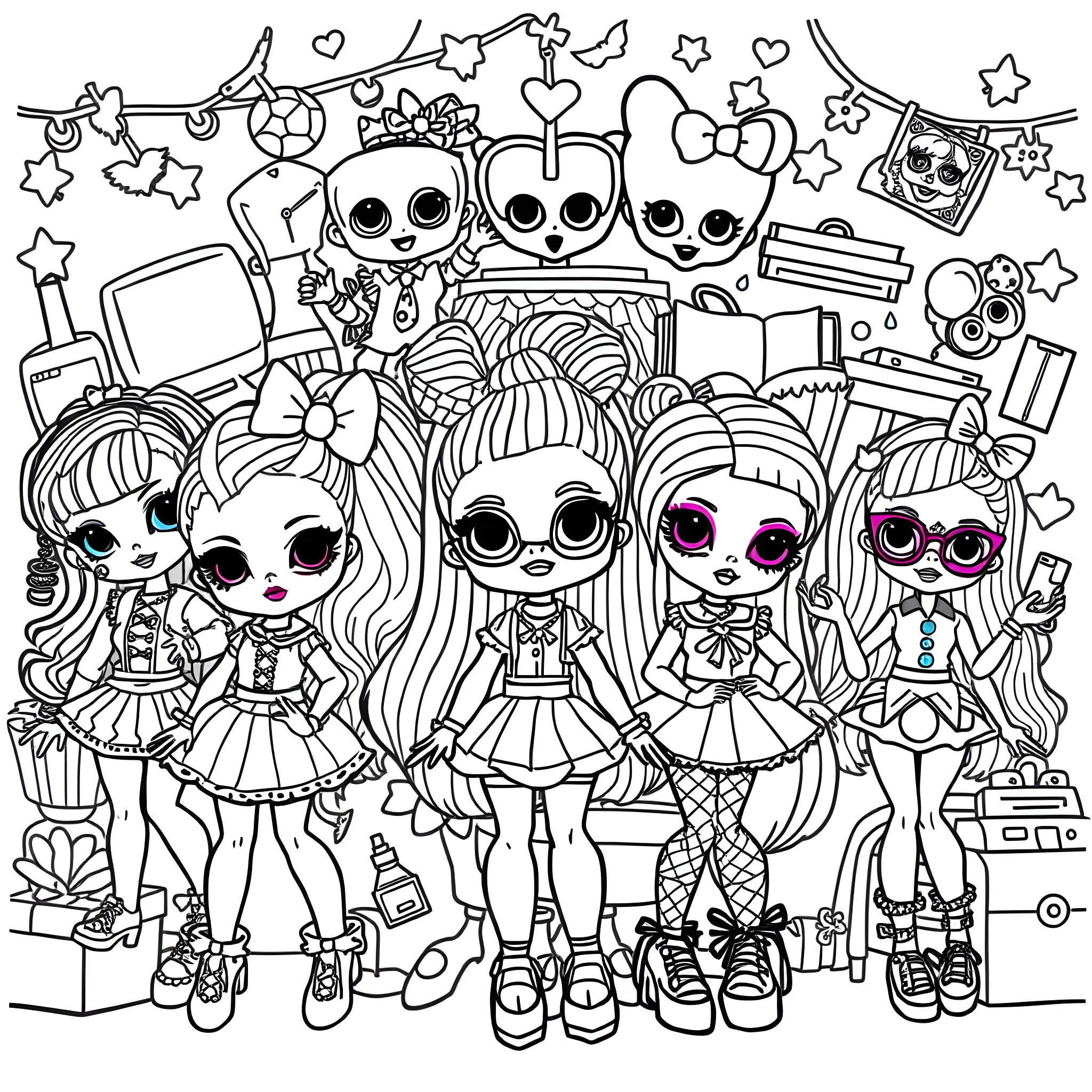 Doll Characters in Playful Poses and Outfits Coloring Page (free black-and-white line drawing printable PDF for all, from beginners to advanced learners, including children, teens, adults, and seniors)