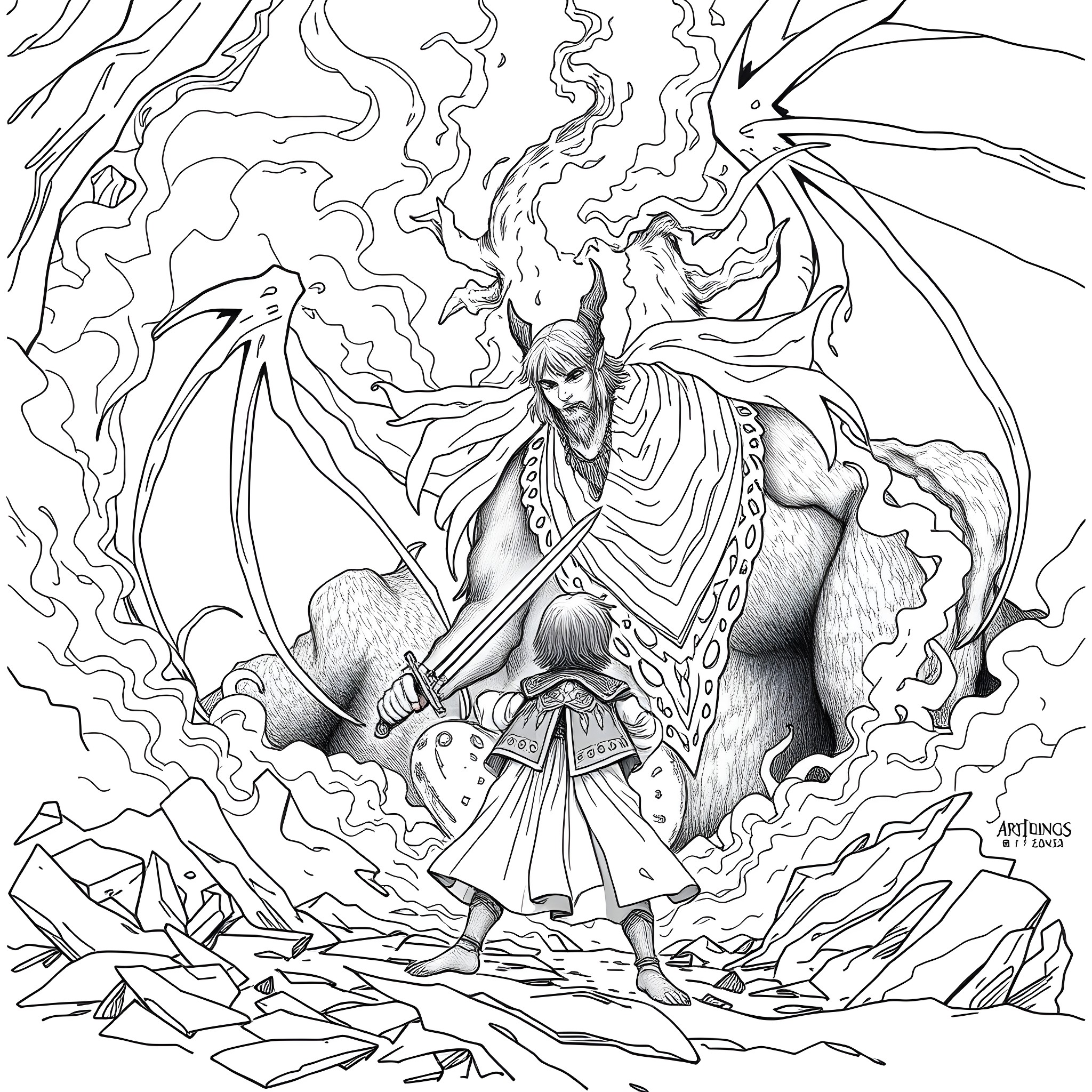 Pipin's Encounter with Mythical Creature Coloring Page (free black-and-white line drawing printable PDF for all, from beginners to advanced learners, including children, teens, adults, and seniors)