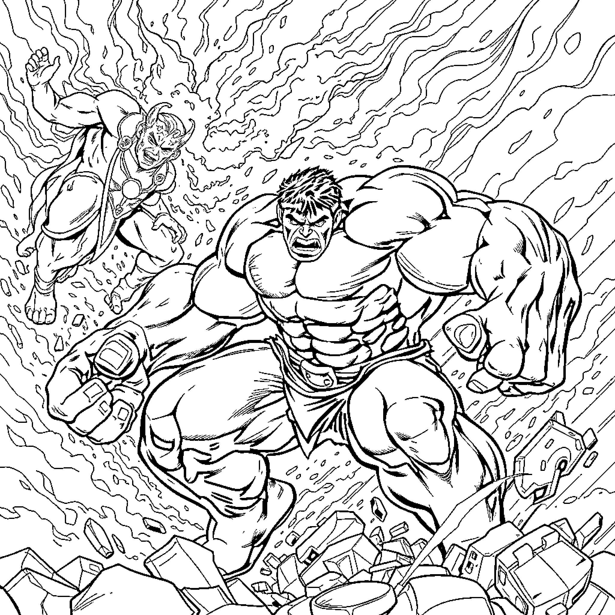 Hulk Wreaking Havoc in Chaotic Environment Coloring Page (free black-and-white line drawing printable PDF for all, from beginners to advanced learners, including children, teens, adults, and seniors)
