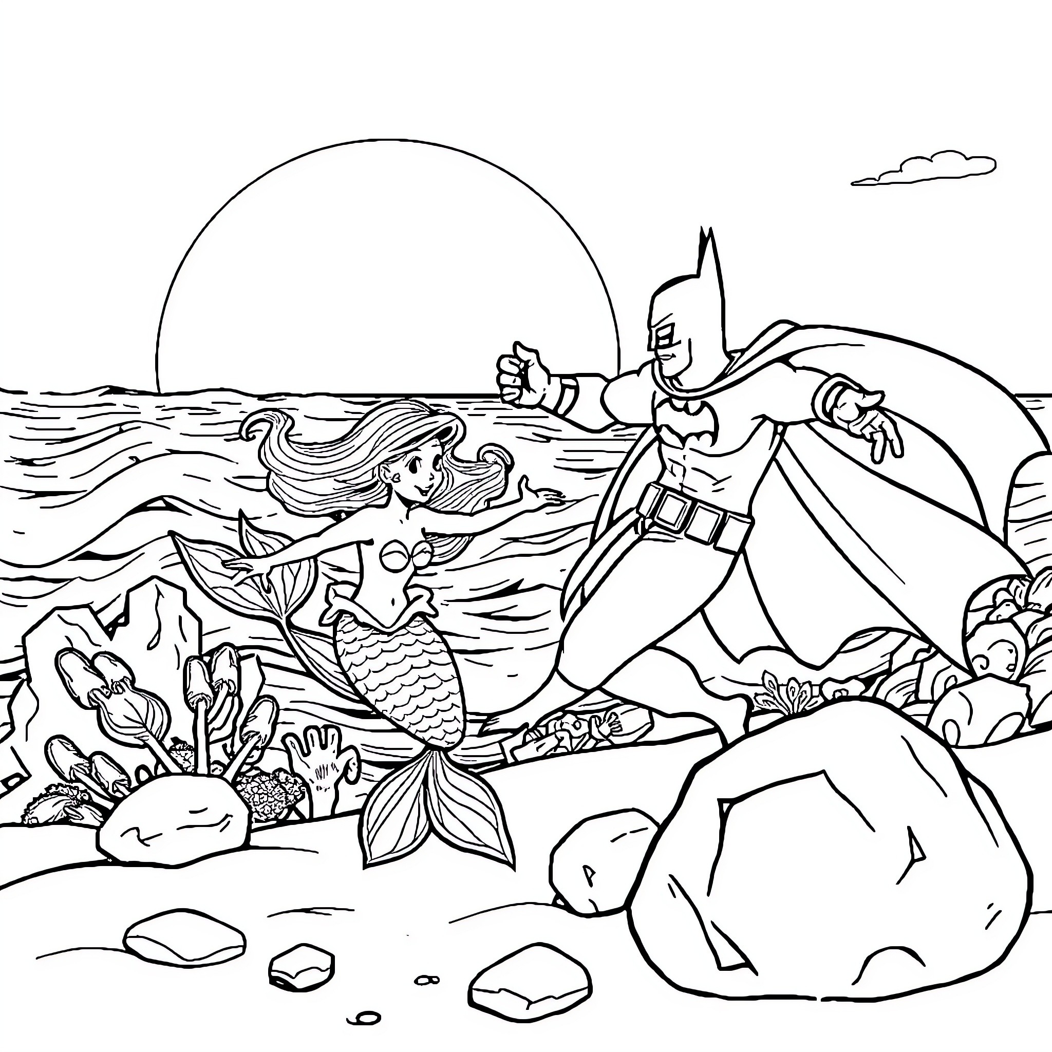 Mermaid and Superhero Encounter by the Seashore Coloring Page (free black-and-white line drawing printable PDF for all, from beginners to advanced learners, including children, teens, adults, and seniors)