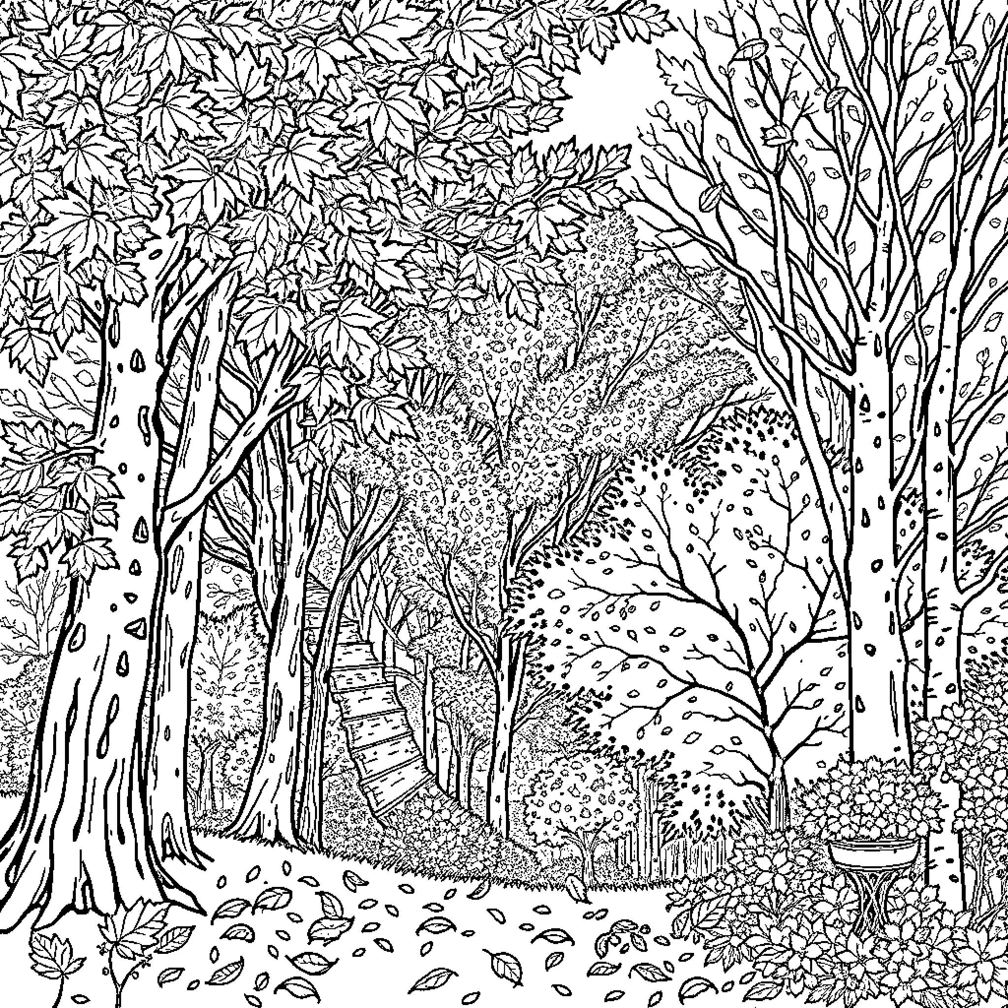 Autumn Woodland Path Through Vibrant Foliage Coloring Page (free black-and-white line drawing printable PDF for all, from beginners to advanced learners, including children, teens, adults, and seniors)