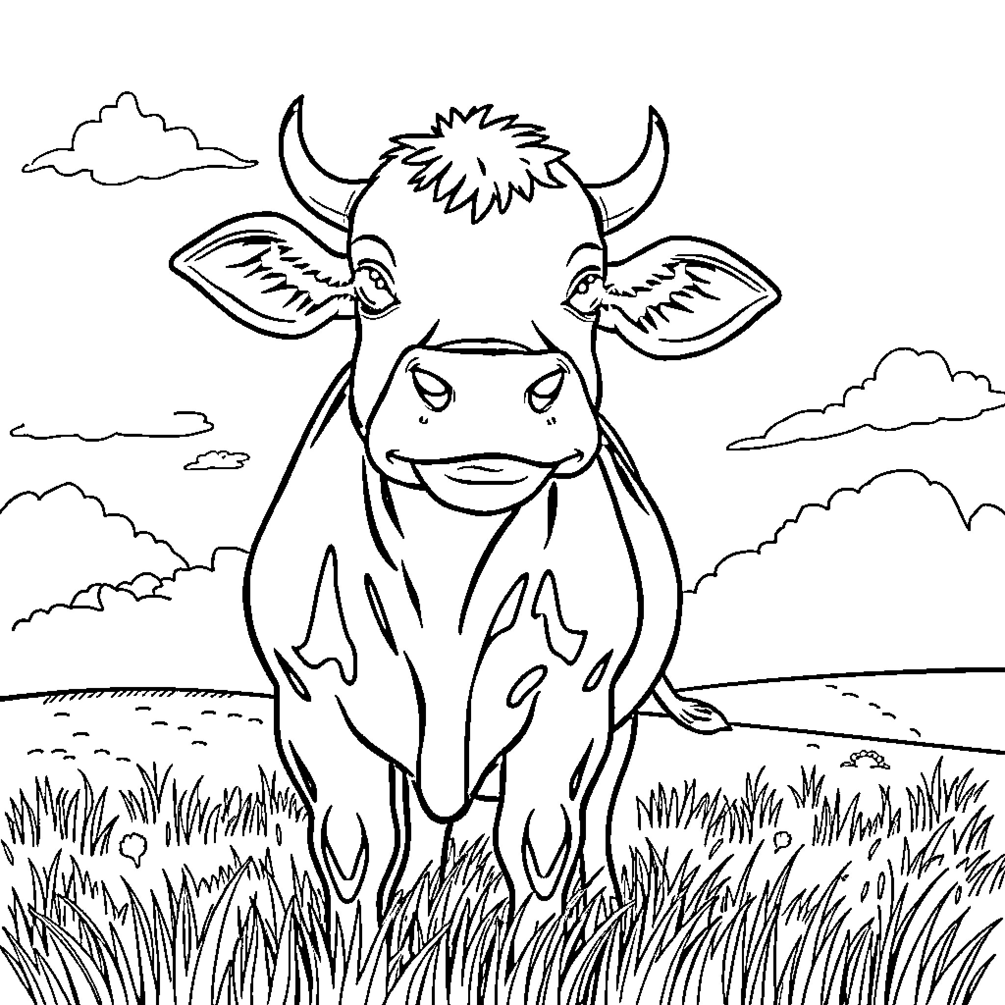Cow enjoying a day in the countryside Coloring Page (free black-and-white line drawing printable PDF for all, from beginners to advanced learners, including children, teens, adults, and seniors)