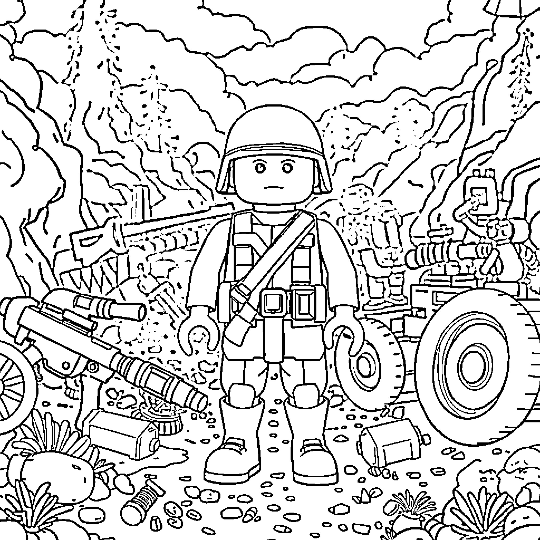 Soldier on the battlefield with military equipment Coloring Page (free black-and-white line drawing printable PDF for all, from beginners to advanced learners, including children, teens, adults, and seniors)