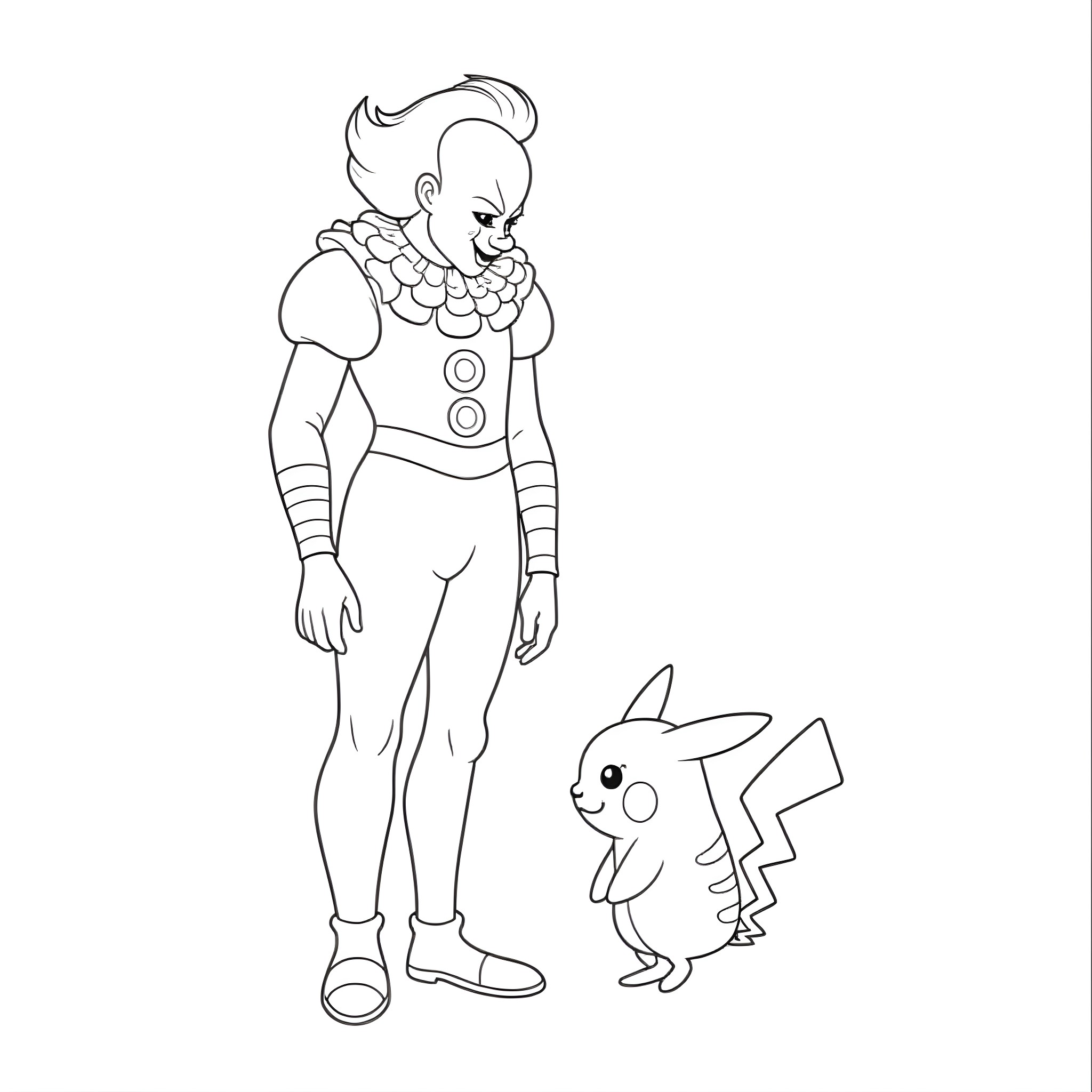 Pennywise the Clown and Pikachu in a Whimsical Encounter Coloring Page (free black-and-white line drawing printable PDF for all, from beginners to advanced learners, including children, teens, adults, and seniors)