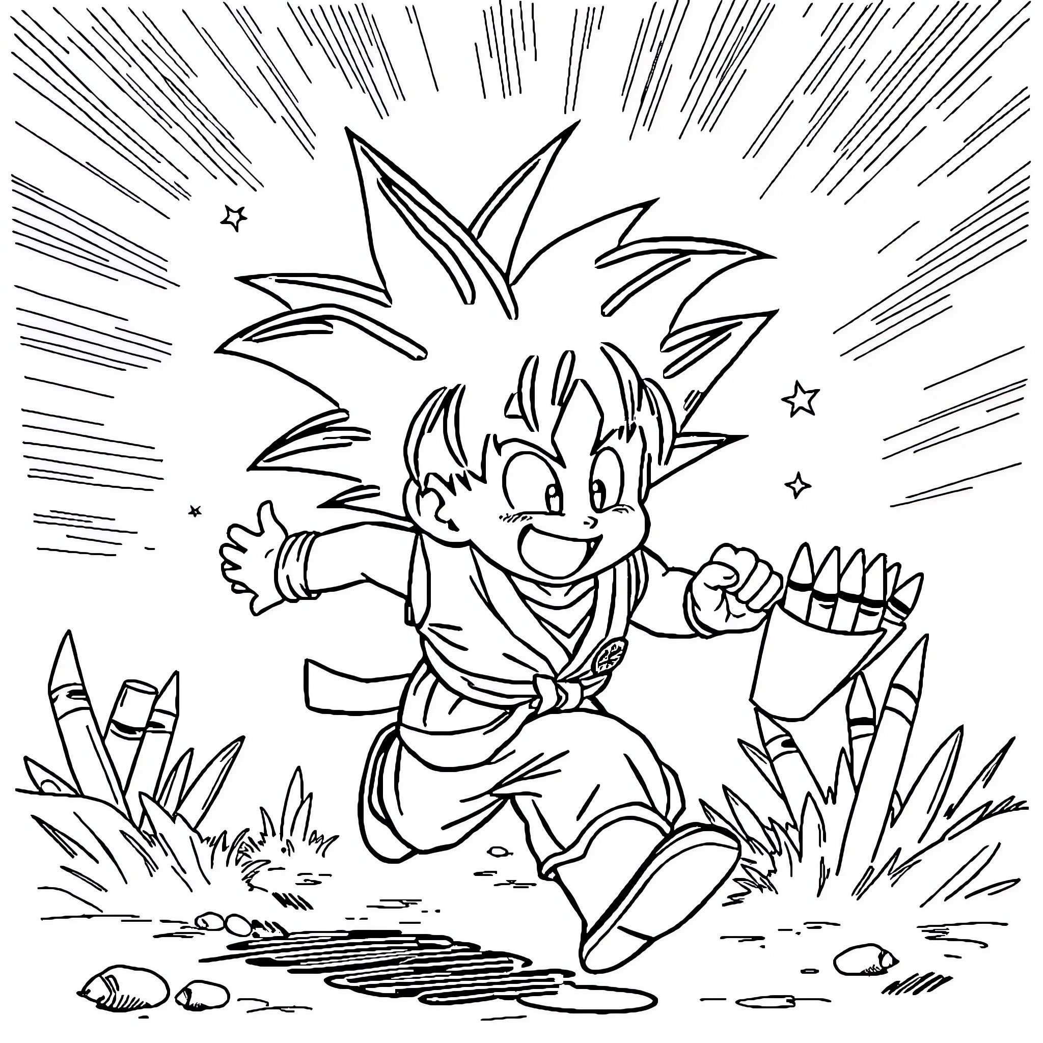 Goku's energetic adventure in the field Coloring Page (free black-and-white line drawing printable PDF for all, from beginners to advanced learners, including children, teens, adults, and seniors)