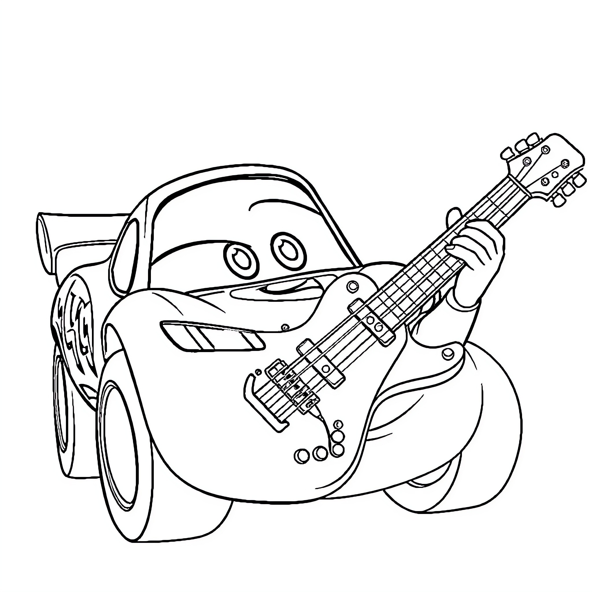 Lightning McQueen playing guitar on the road Coloring Page (free black-and-white line drawing printable PDF for all, from beginners to advanced learners, including children, teens, adults, and seniors)
