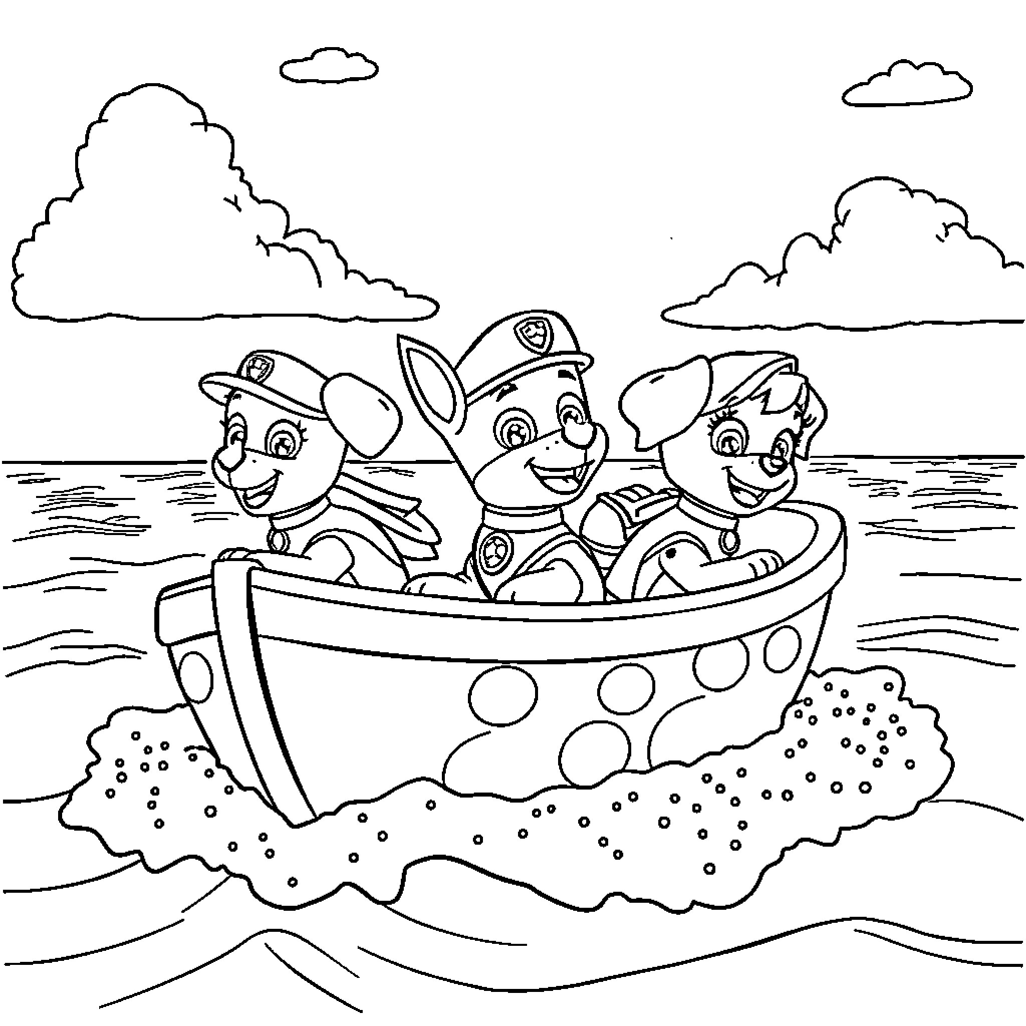 Paw Patrol characters on a boat adventure Coloring Page (free black-and-white line drawing printable PDF for all, from beginners to advanced learners, including children, teens, adults, and seniors)