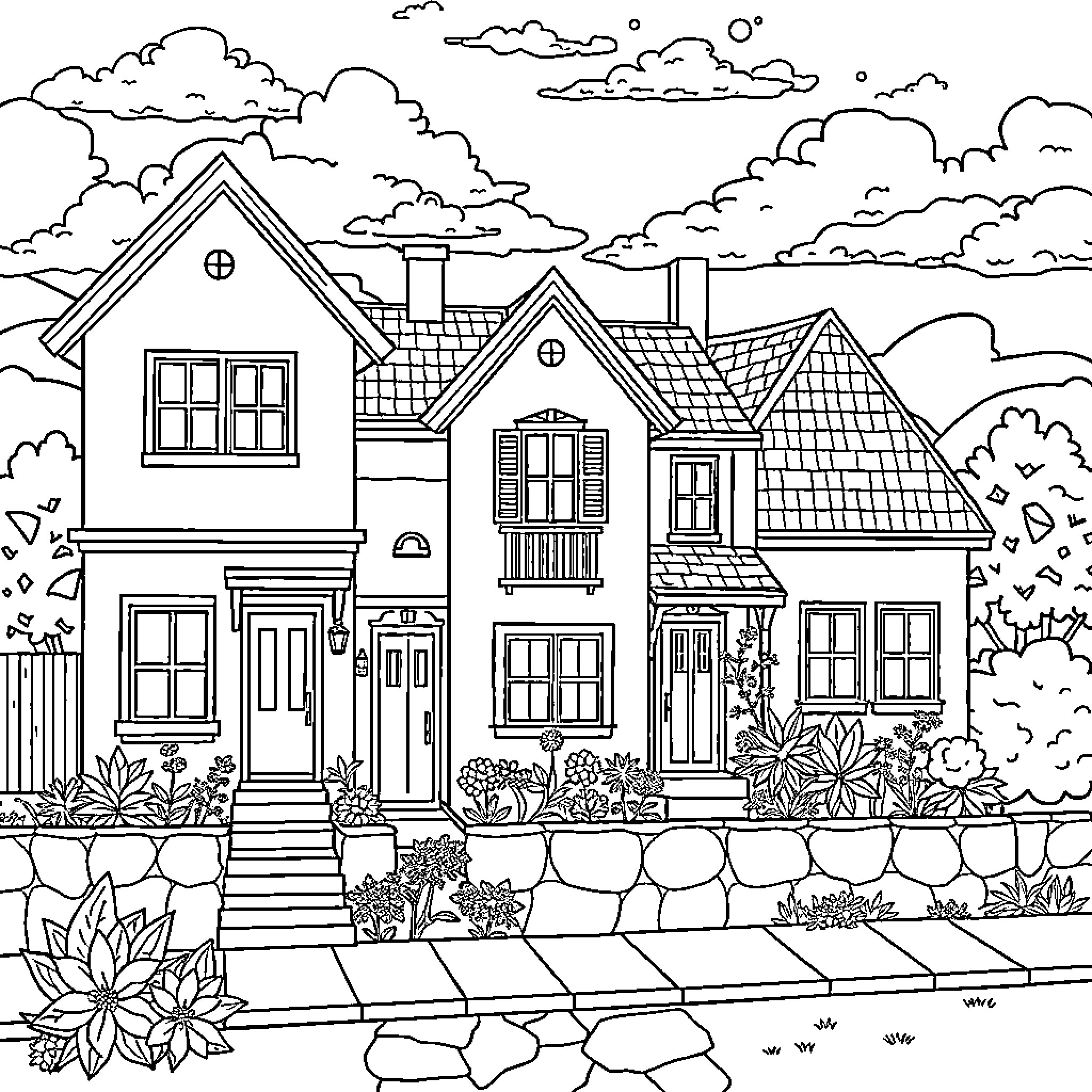 House with quaint exterior and lush landscaping Coloring Page (free black-and-white line drawing printable PDF for all, from beginners to advanced learners, including children, teens, adults, and seniors)