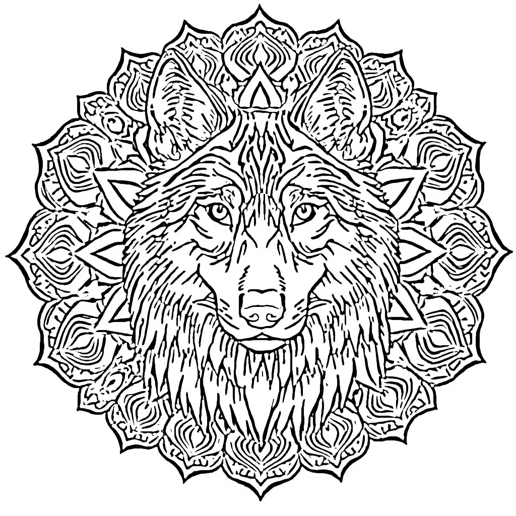 Wolf mandala with intricate pattern Coloring Page (free black-and-white line drawing printable PDF for all, from beginners to advanced learners, including children, teens, adults, and seniors)