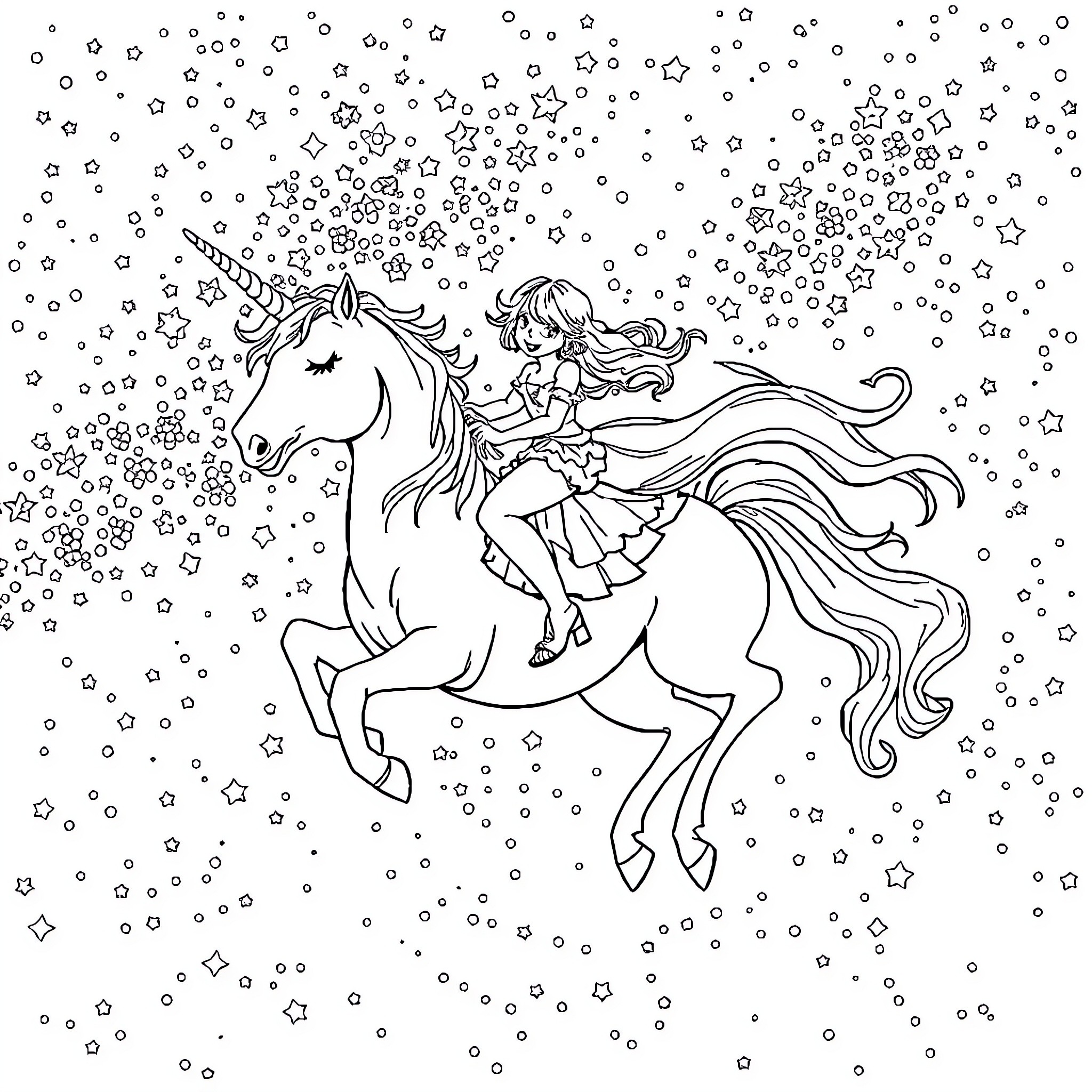 Unicorn riding through a starry night sky Coloring Page (free black-and-white line drawing printable PDF for all, from beginners to advanced learners, including children, teens, adults, and seniors)
