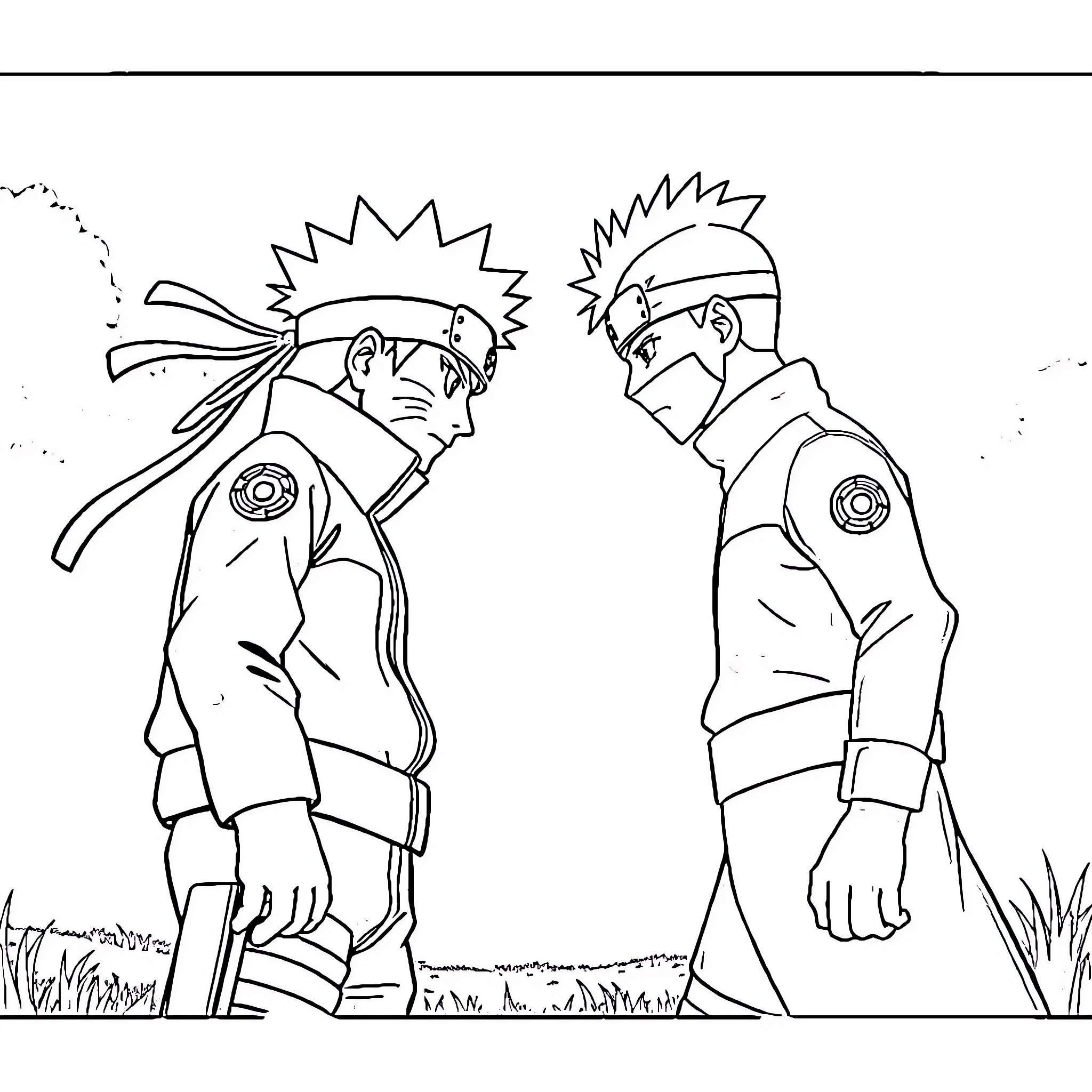 Naruto characters in battle-ready poses Coloring Page (free black-and-white line drawing printable PDF for all, from beginners to advanced learners, including children, teens, adults, and seniors)