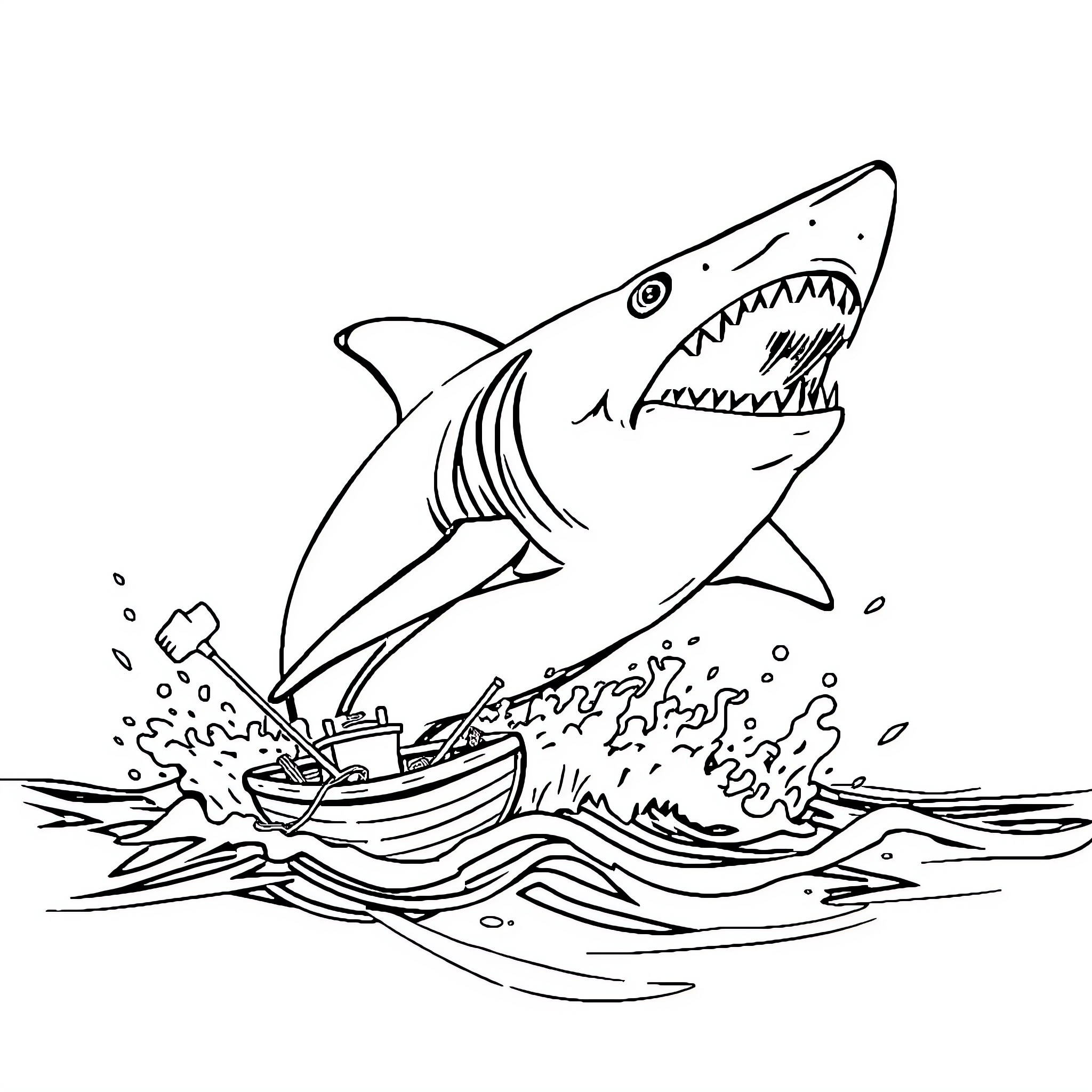Shark attacking a boat on the open sea Coloring Page (free black-and-white line drawing printable PDF for all, from beginners to advanced learners, including children, teens, adults, and seniors)