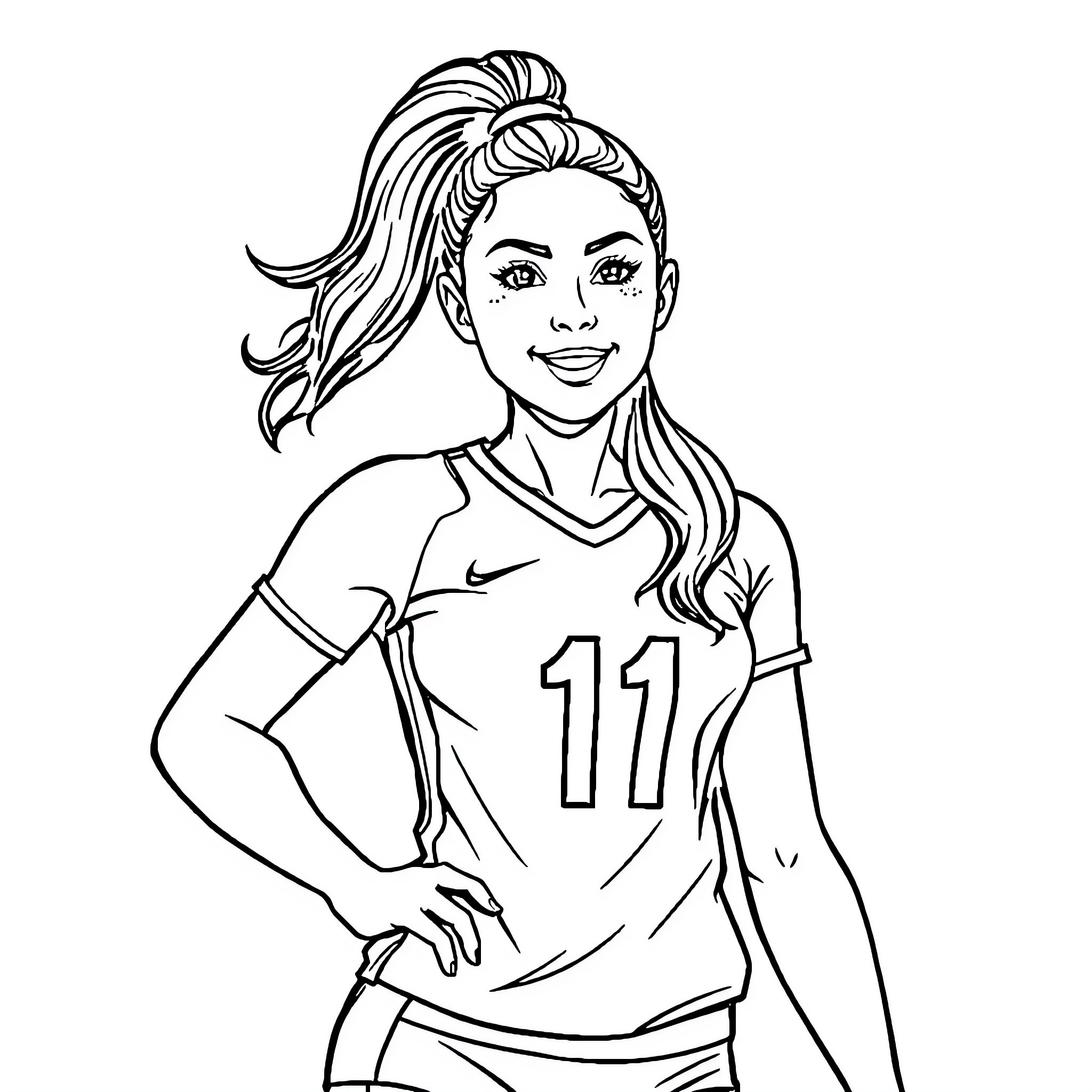 Volleyball Player Confidently Posing in Uniform Coloring Page (free black-and-white line drawing printable PDF for all, from beginners to advanced learners, including children, teens, adults, and seniors)