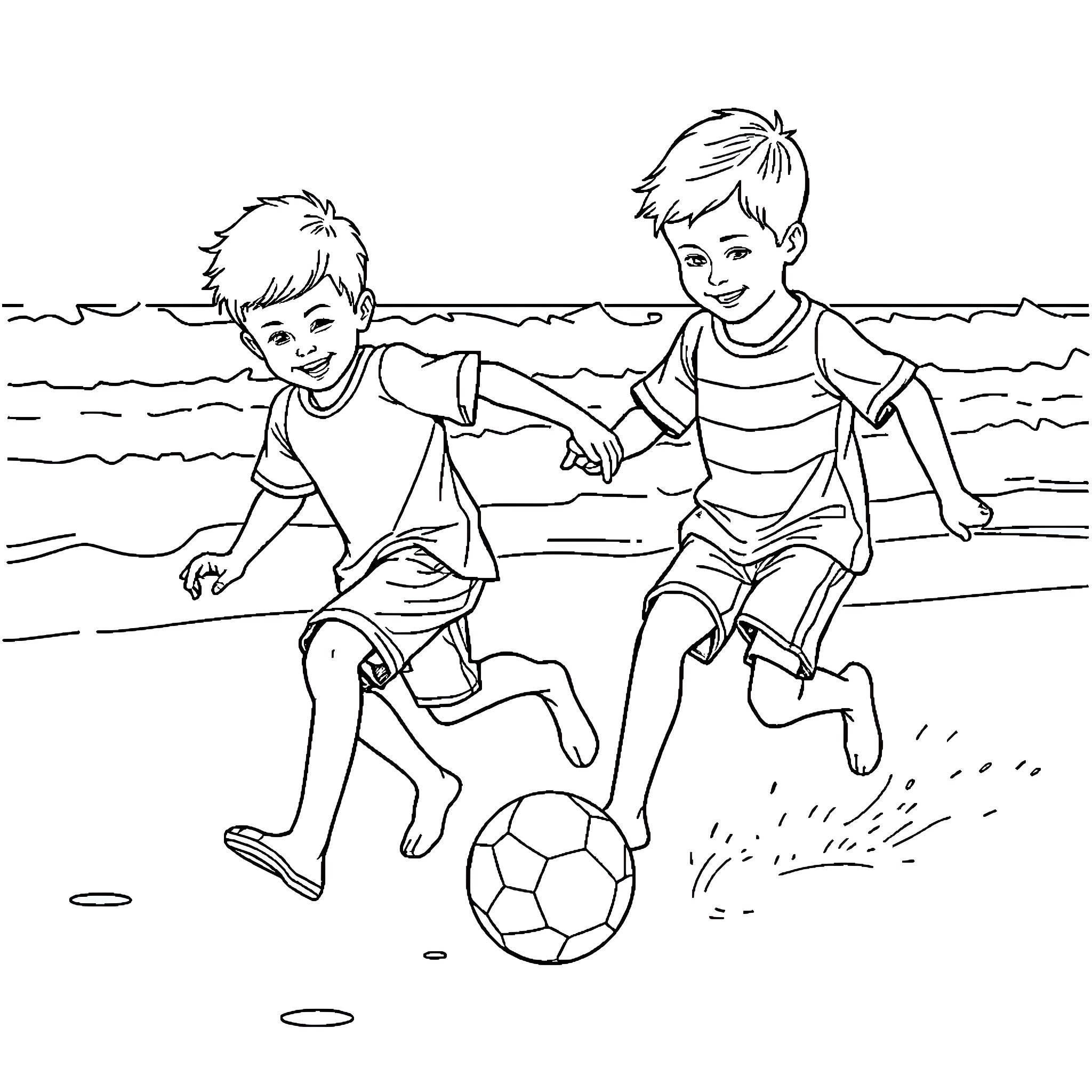 Boys playing soccer happily on the beach Coloring Page (free black-and-white line drawing printable PDF for all, from beginners to advanced learners, including children, teens, adults, and seniors)