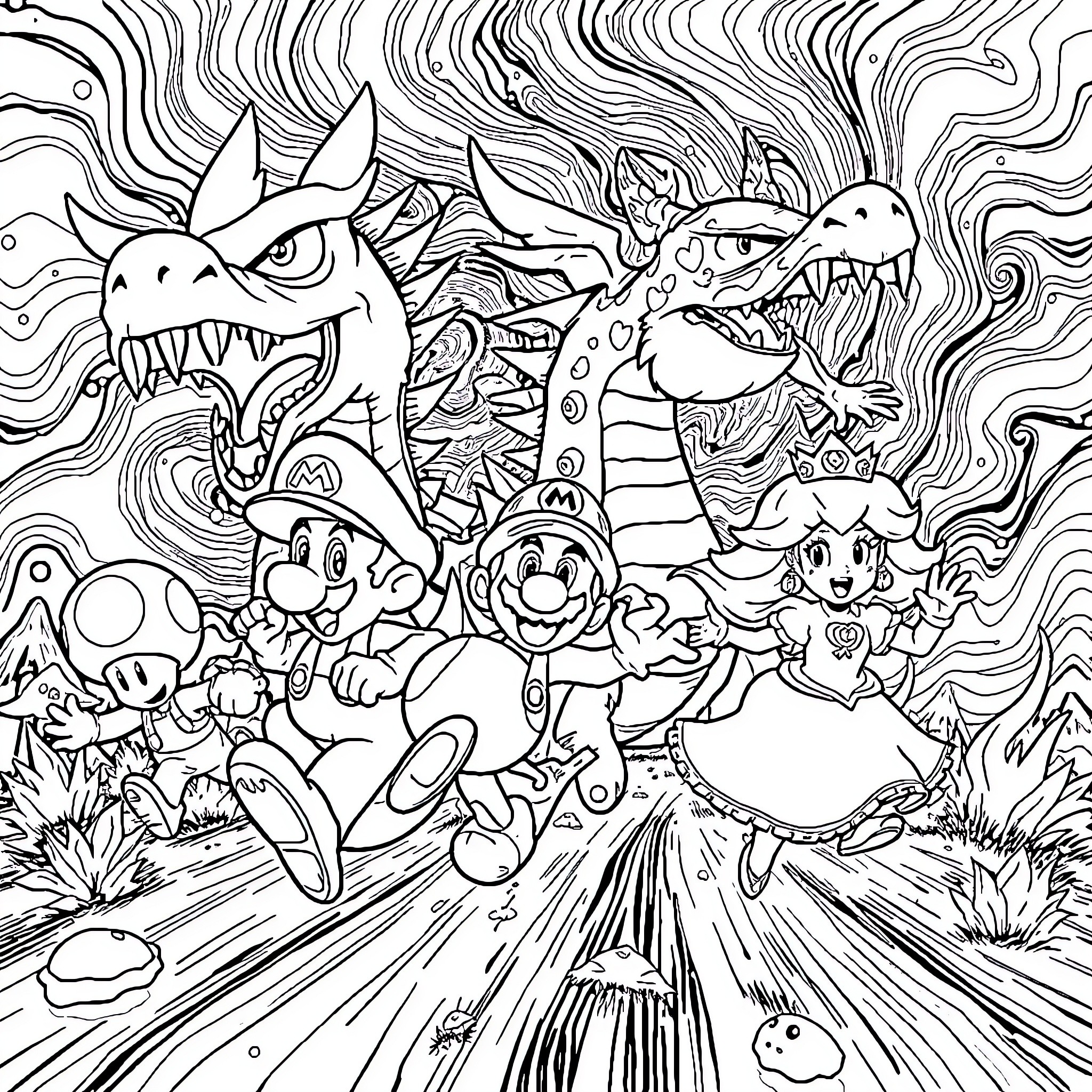 Mario and Friends Explore a Fantastical Landscape Coloring Page (free black-and-white line drawing printable PDF for all, from beginners to advanced learners, including children, teens, adults, and seniors)