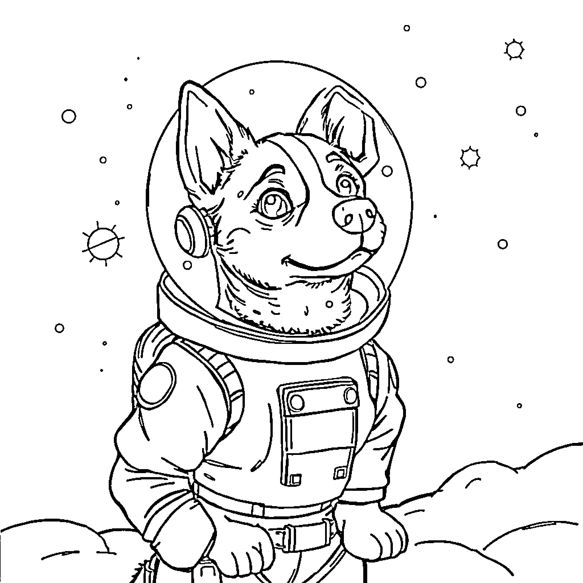 Dog Astronaut exploring the galaxy Coloring Page (free black-and-white line drawing printable PDF for all, from beginners to advanced learners, including children, teens, adults, and seniors)