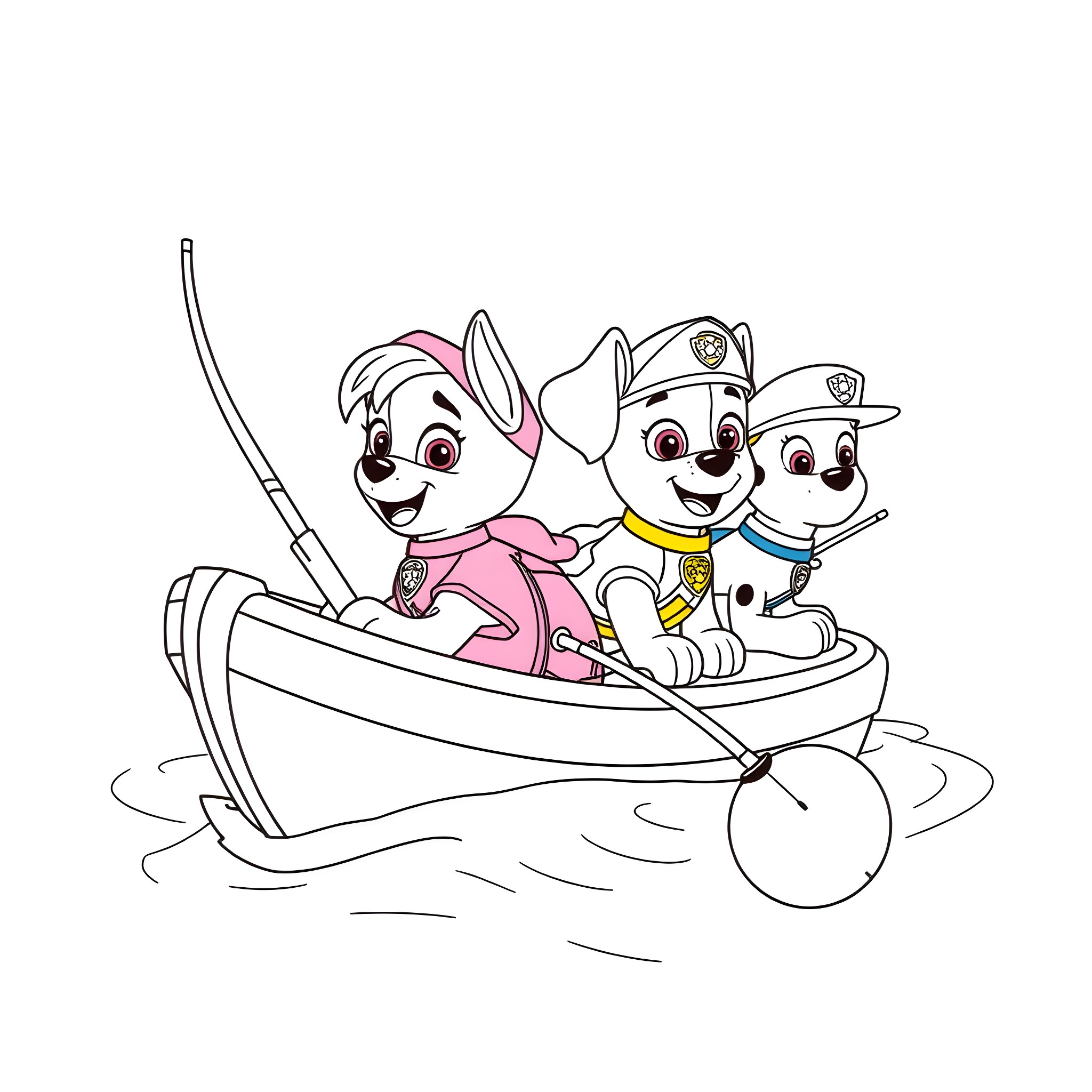 Paw Patrol characters riding in a boat Coloring Page (free black-and-white line drawing printable PDF for all, from beginners to advanced learners, including children, teens, adults, and seniors)