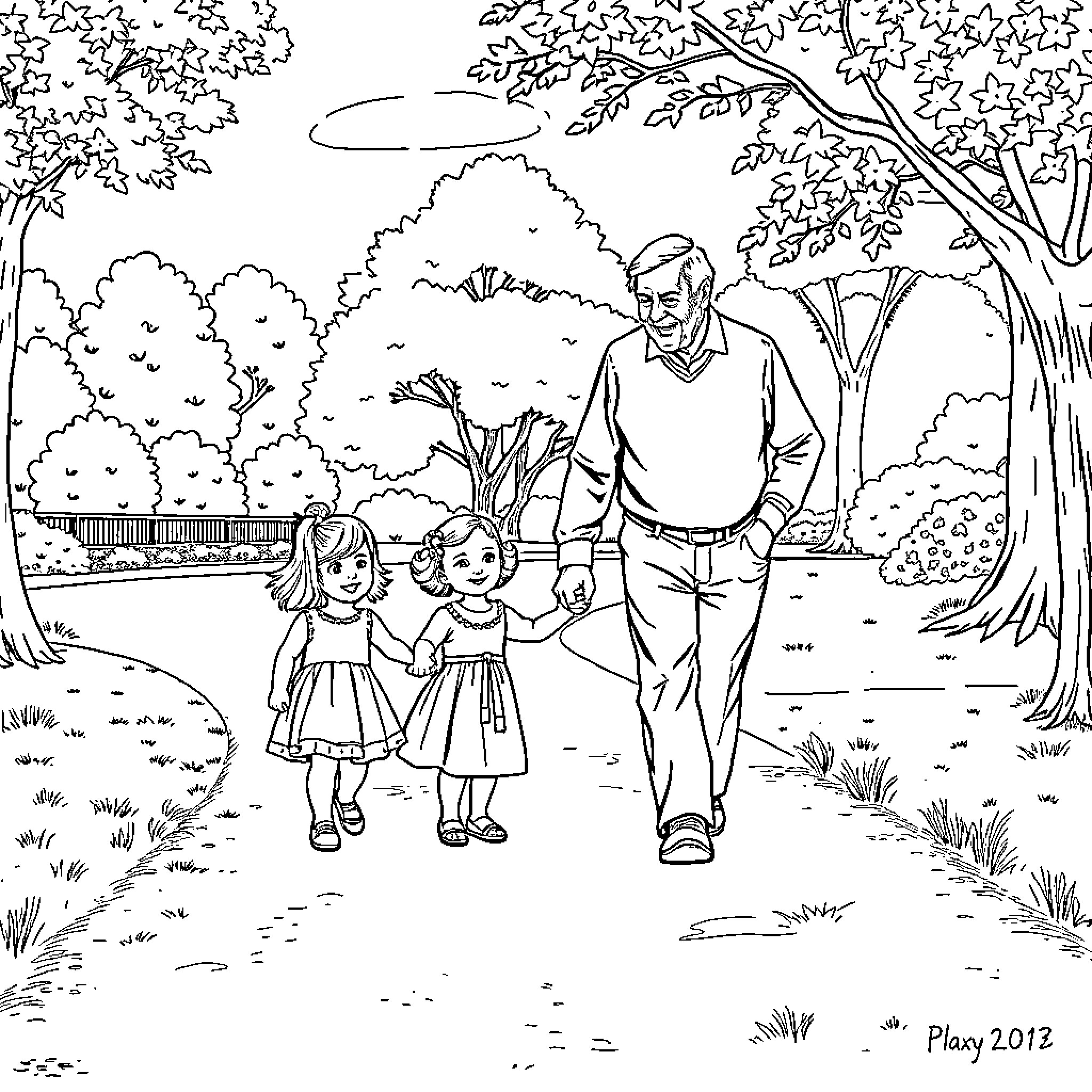 Grandparent taking a leisurely stroll with young children Coloring Page (free black-and-white line drawing printable PDF for all, from beginners to advanced learners, including children, teens, adults, and seniors)
