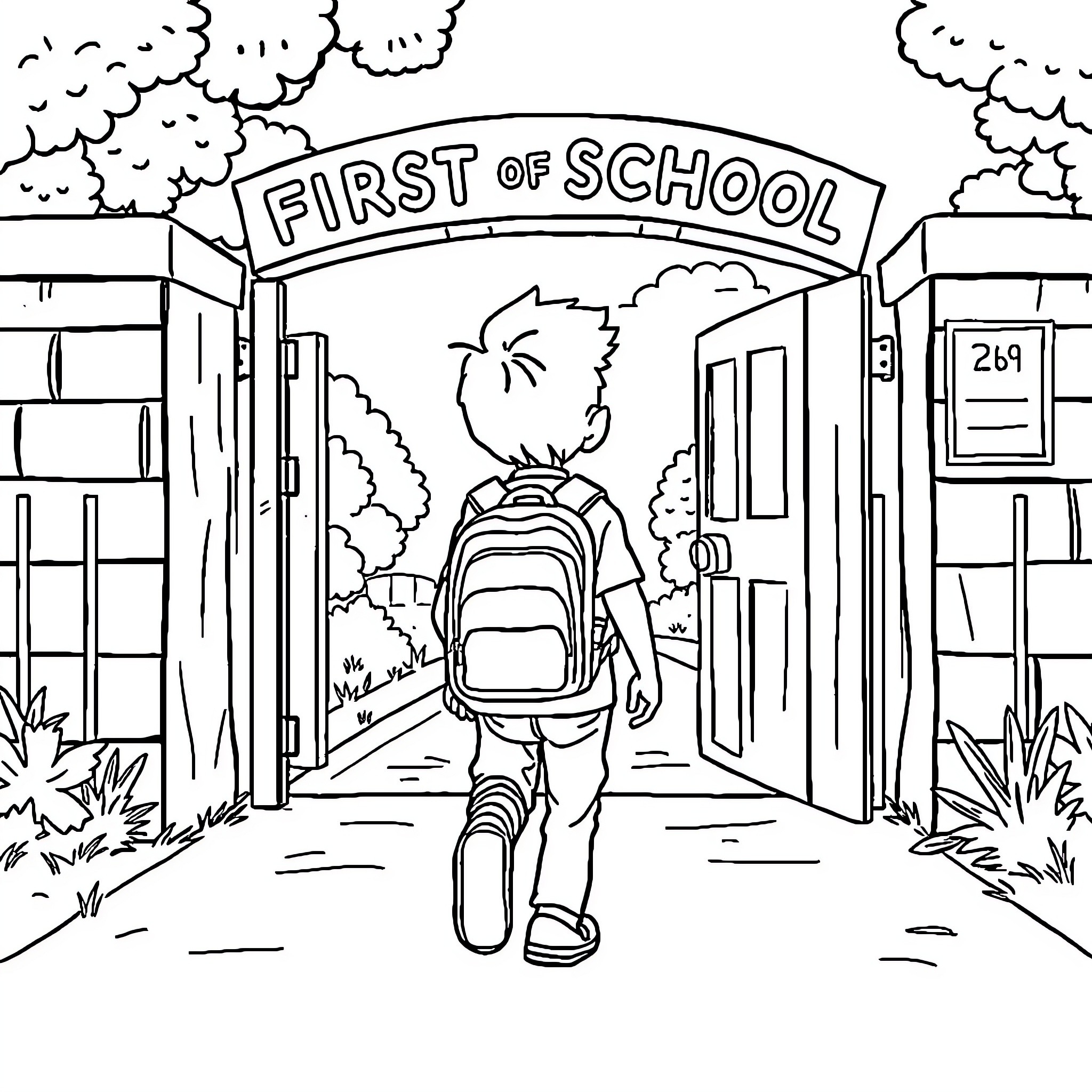 School Student Entering First Day of School Coloring Page (free black-and-white line drawing printable PDF for all, from beginners to advanced learners, including children, teens, adults, and seniors)
