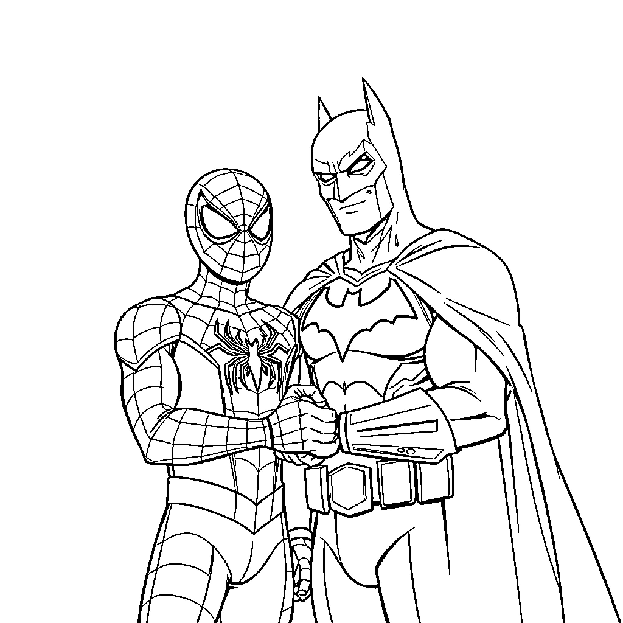 Spiderman and Batman working together Coloring Page (free black-and-white line drawing printable PDF for all, from beginners to advanced learners, including children, teens, adults, and seniors)