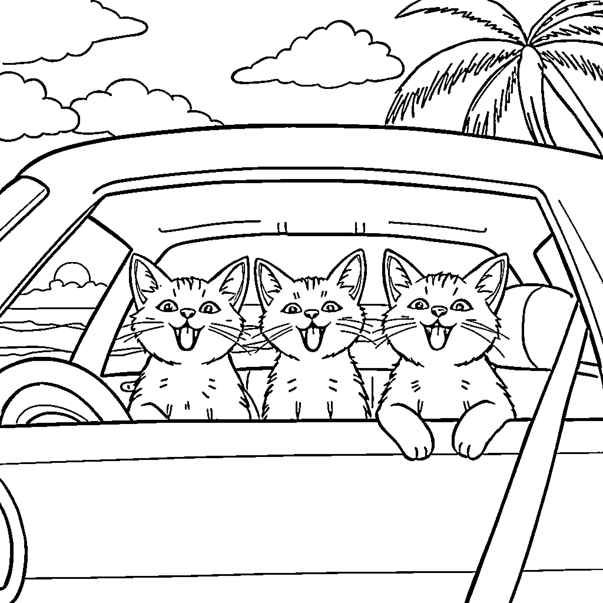 Cat Trio Enjoying a Scenic Drive Coloring Page (free black-and-white line drawing printable PDF for all, from beginners to advanced learners, including children, teens, adults, and seniors)