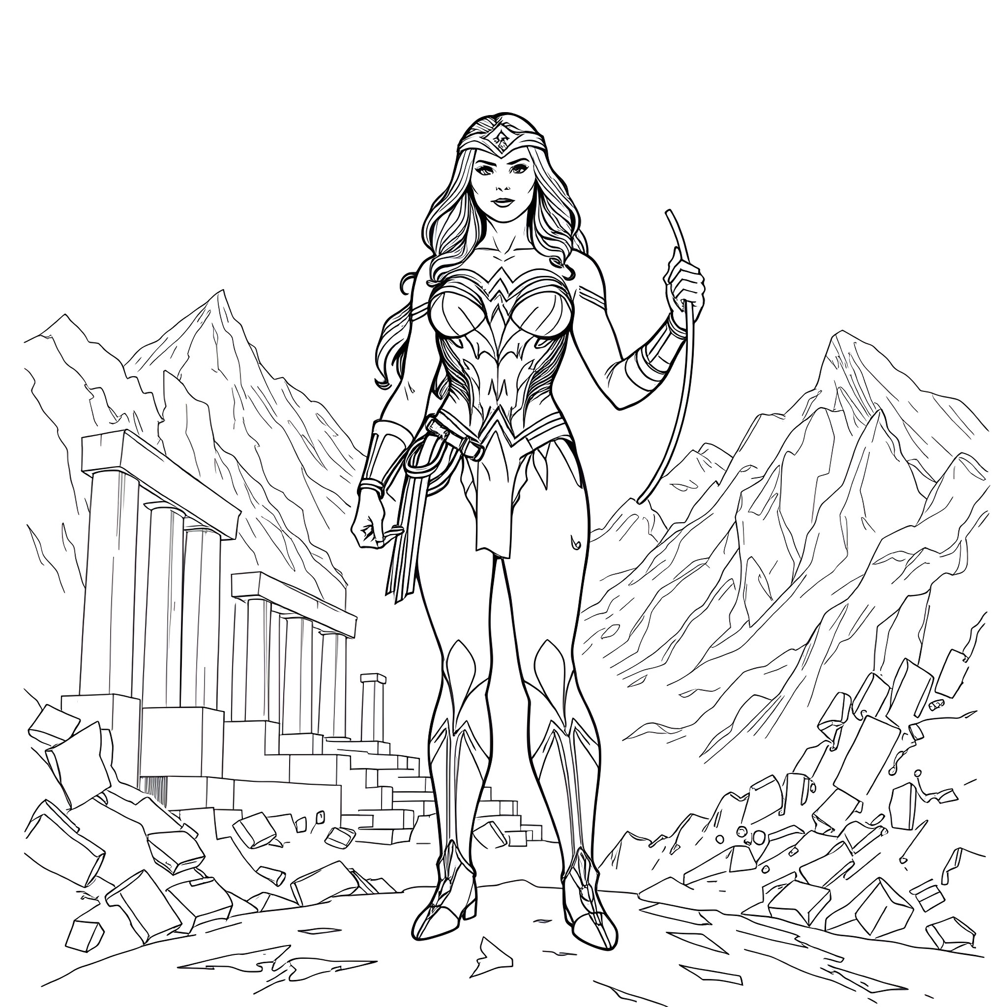 Wonder Woman Heroically Stands Tall in Majestic Mountains Coloring Page (free black-and-white line drawing printable PDF for all, from beginners to advanced learners, including children, teens, adults, and seniors)