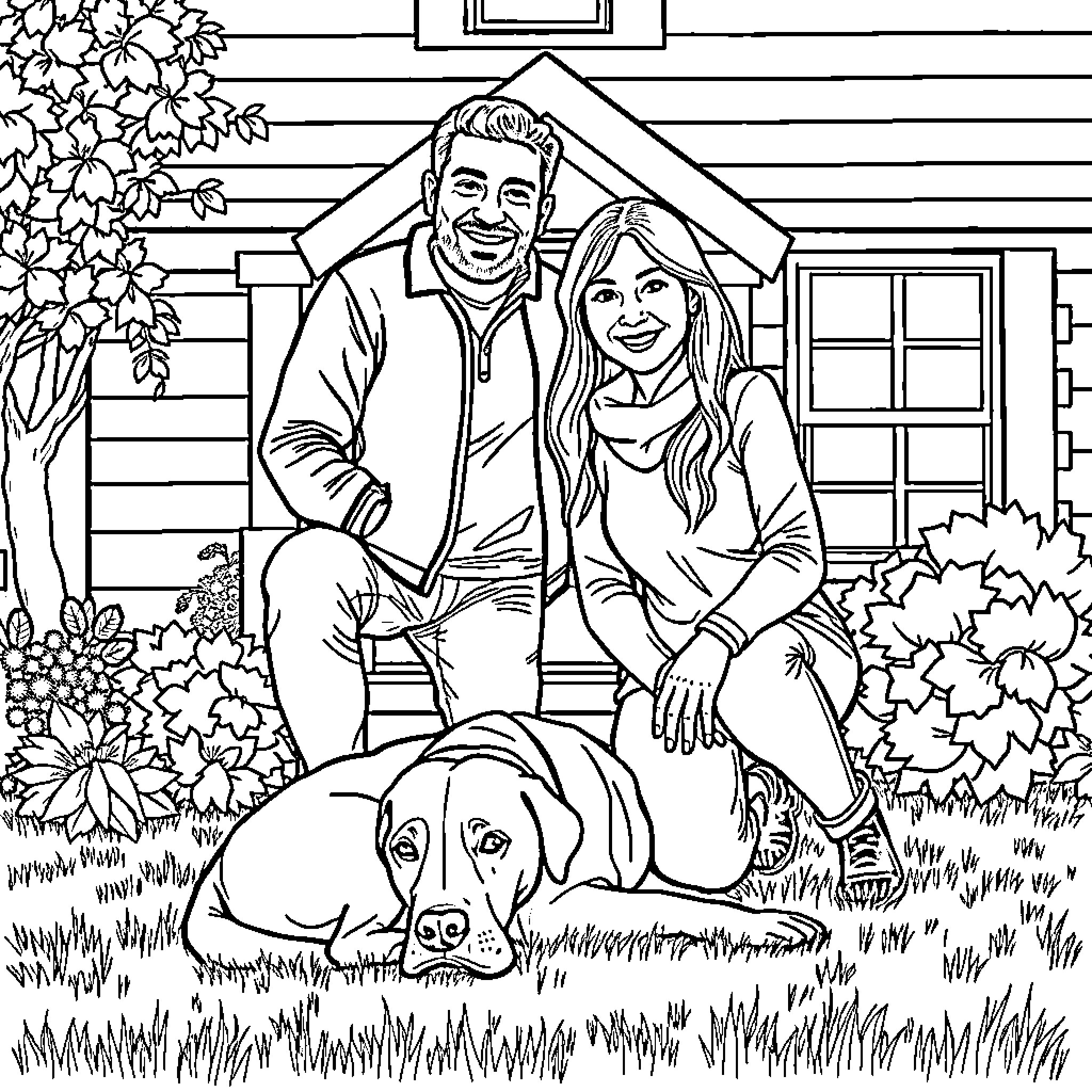 Man and Lady Enjoying Outdoor Moment with Dog Coloring Page (free black-and-white line drawing printable PDF for all, from beginners to advanced learners, including children, teens, adults, and seniors)