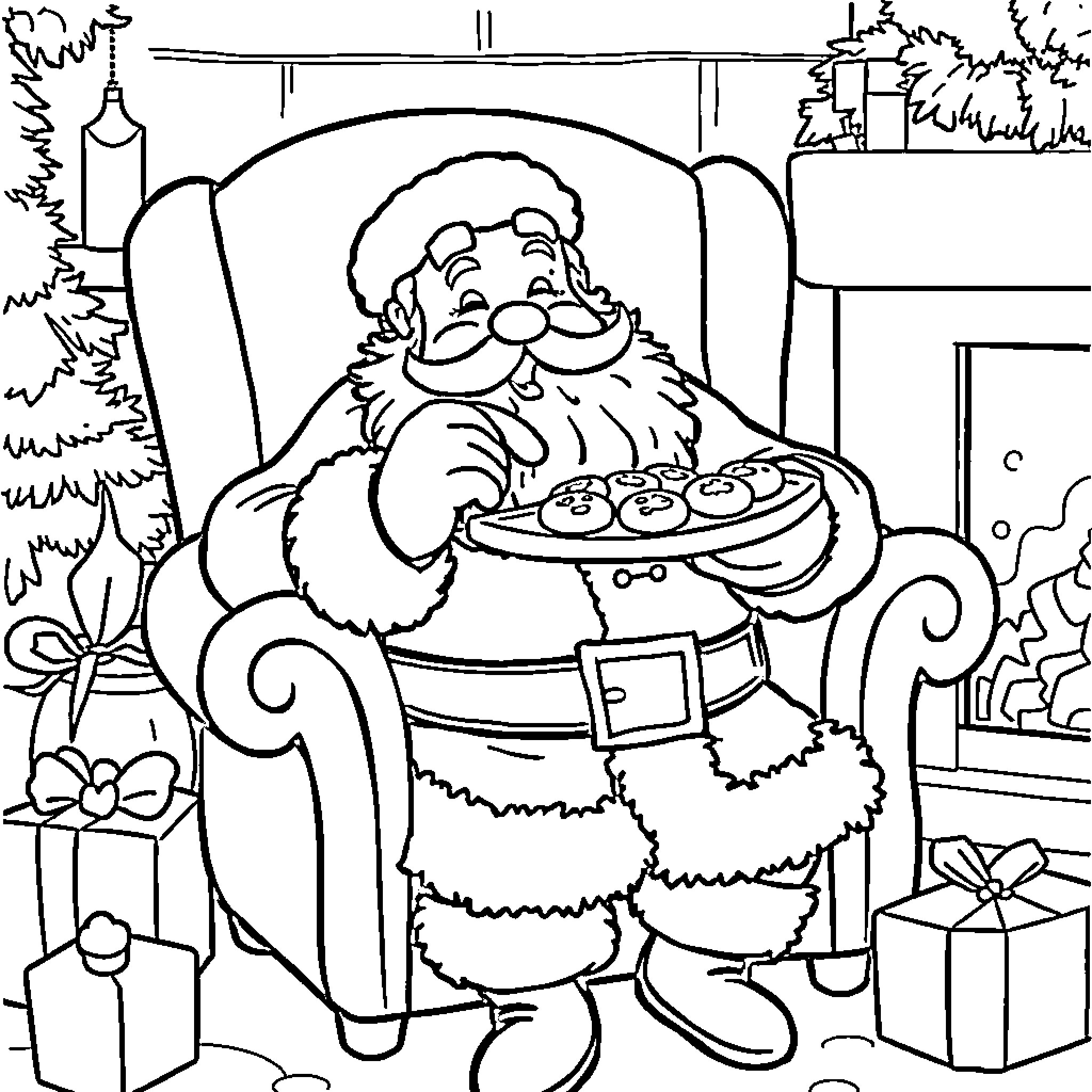 Santa enjoying treats in front of the fireplace Coloring Page (free black-and-white line drawing printable PDF for all, from beginners to advanced learners, including children, teens, adults, and seniors)