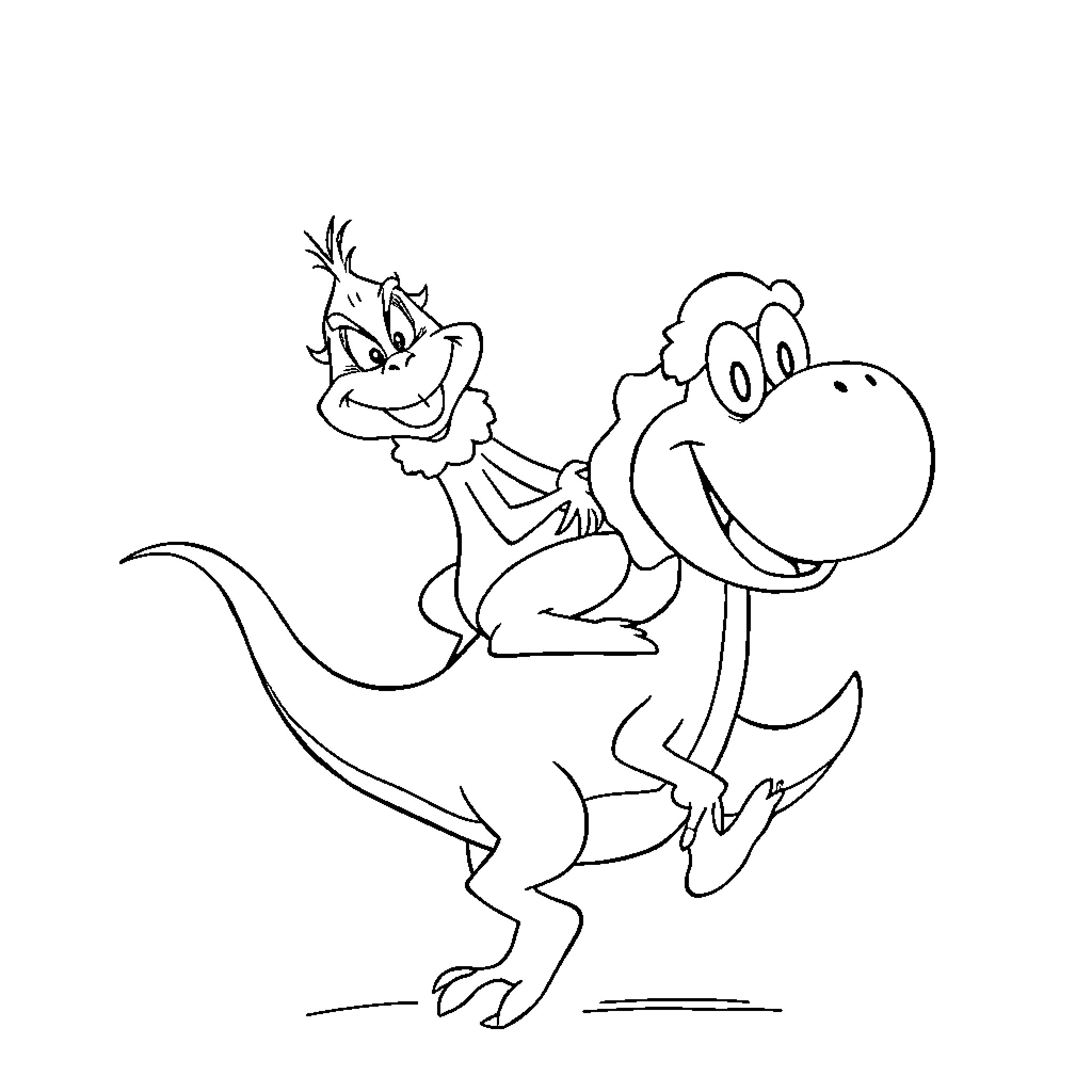 Grinch riding a happy dinosaur Coloring Page (free black-and-white line drawing printable PDF for all, from beginners to advanced learners, including children, teens, adults, and seniors)
