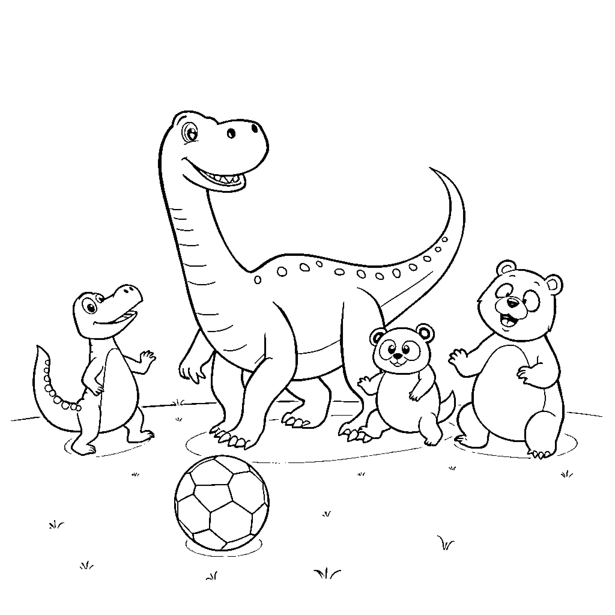 Dinosaurs and bear playing with soccer ball Coloring Page (free black-and-white line drawing printable PDF for all, from beginners to advanced learners, including children, teens, adults, and seniors)