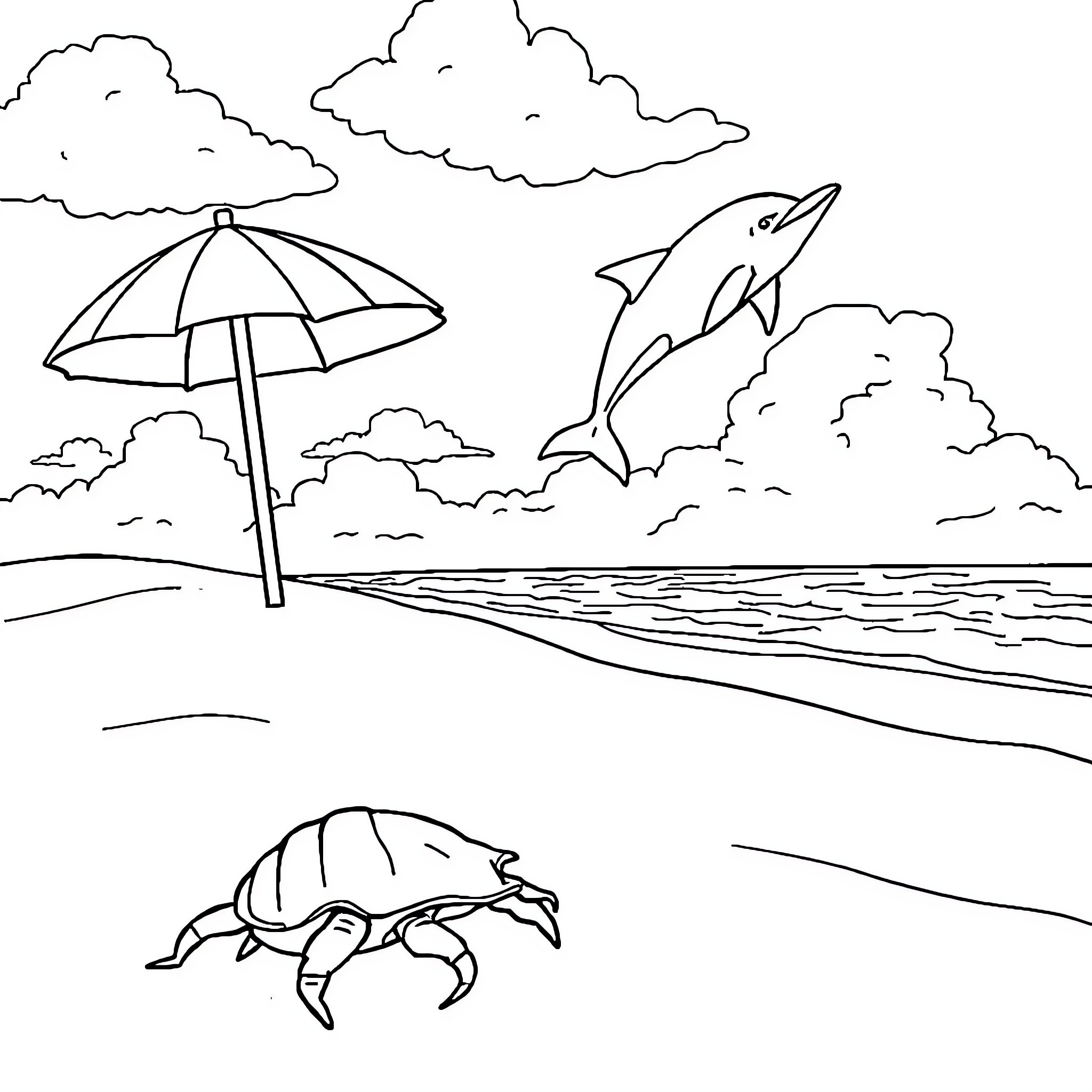 Crab enjoying beach day with dolphin Coloring Page (free black-and-white line drawing printable PDF for all, from beginners to advanced learners, including children, teens, adults, and seniors)