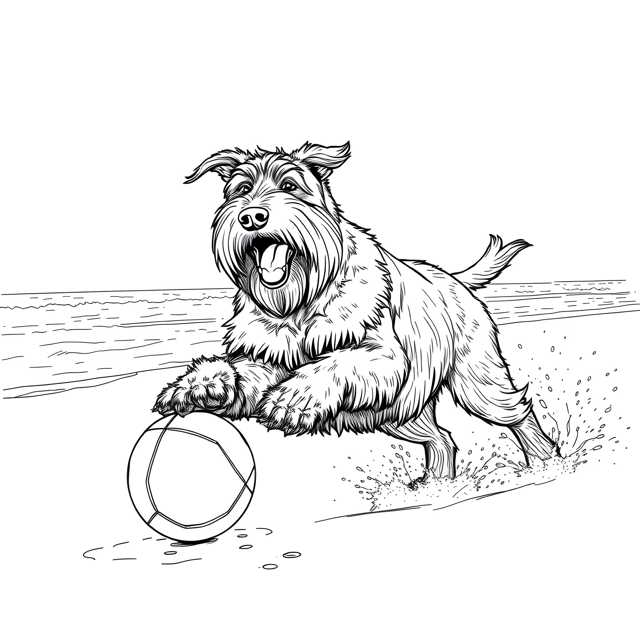 Giant Schnauzer playing happily with ball on the beach Coloring Page (free black-and-white line drawing printable PDF for all, from beginners to advanced learners, including children, teens, adults, and seniors)