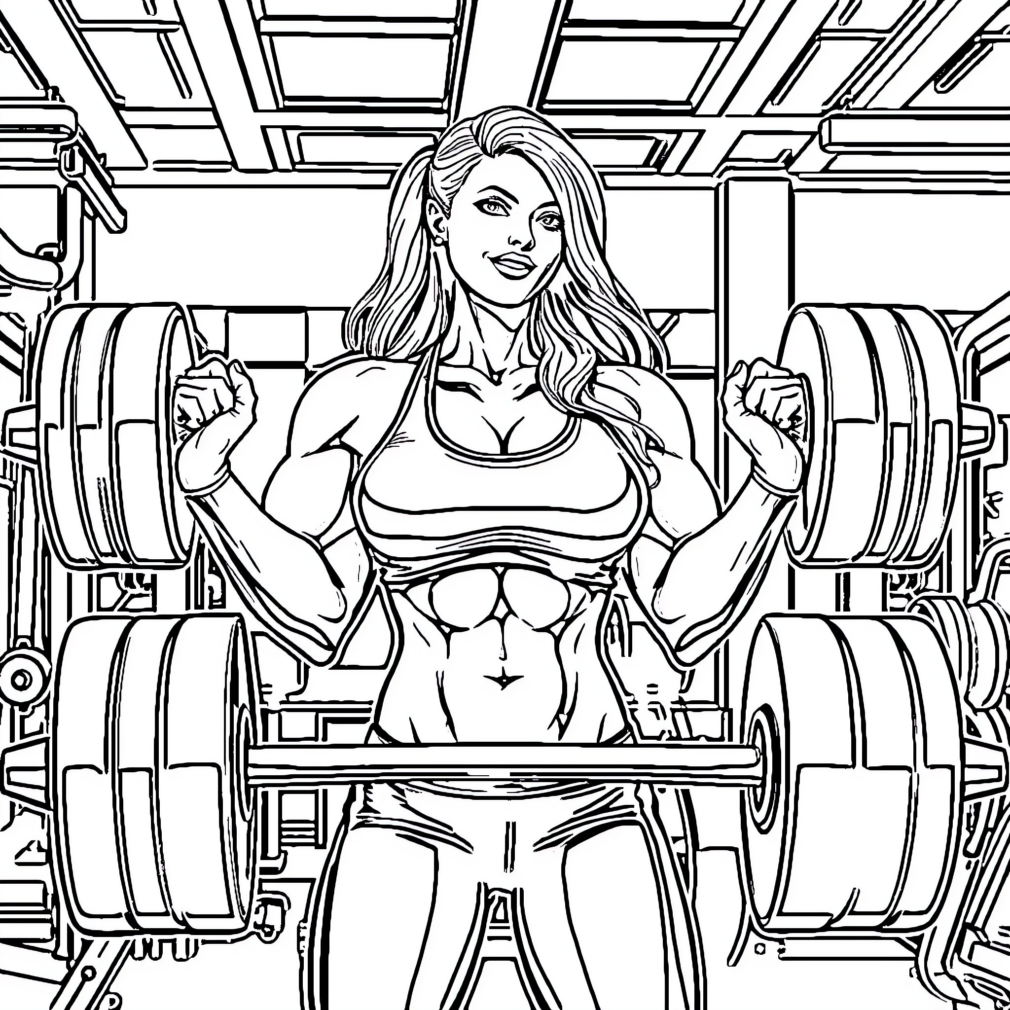 Woman exercising with weights in the gym Coloring Page (free black-and-white line drawing printable PDF for all, from beginners to advanced learners, including children, teens, adults, and seniors)