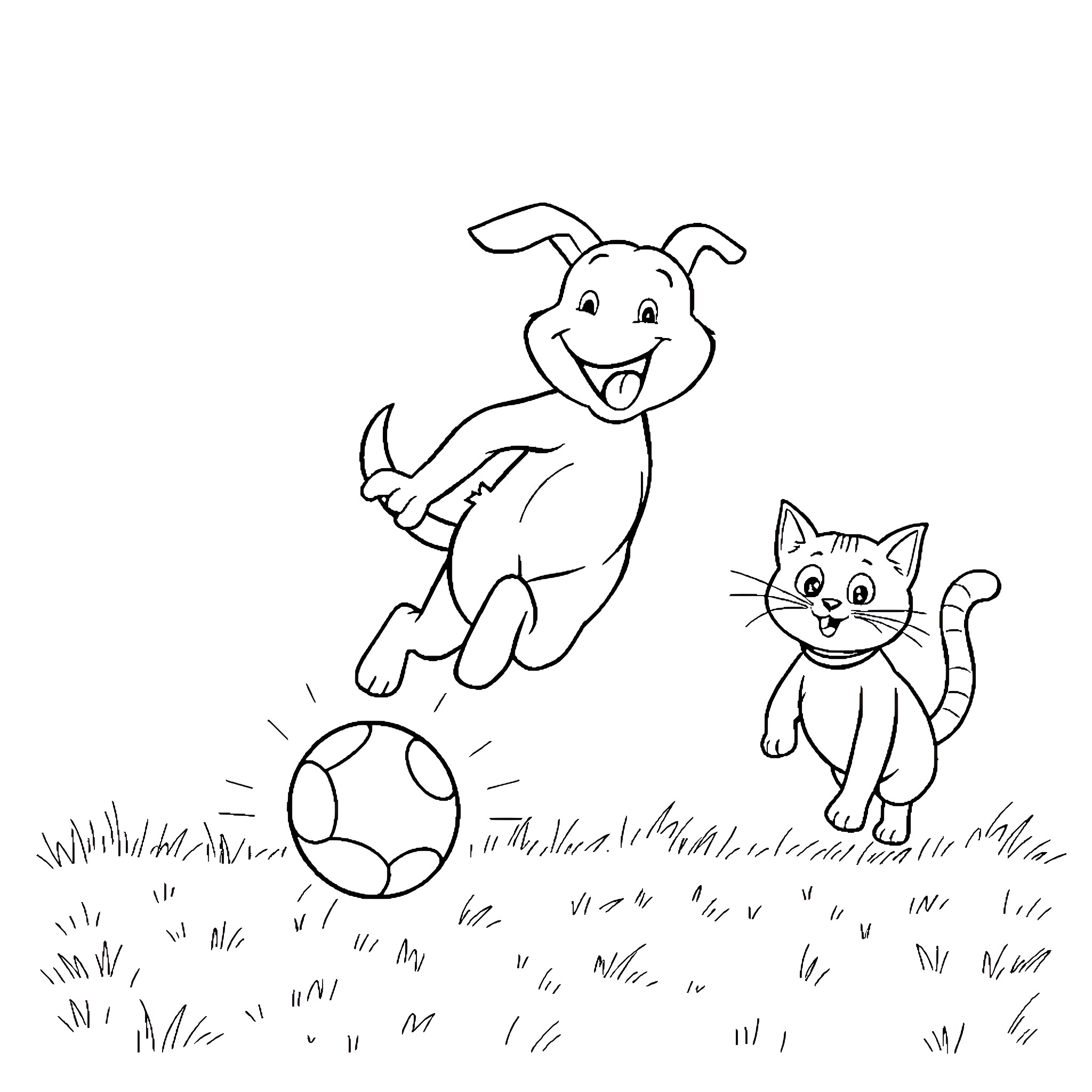 Dog and cat playing joyfully with ball on grass Coloring Page (free black-and-white line drawing printable PDF for all, from beginners to advanced learners, including children, teens, adults, and seniors)