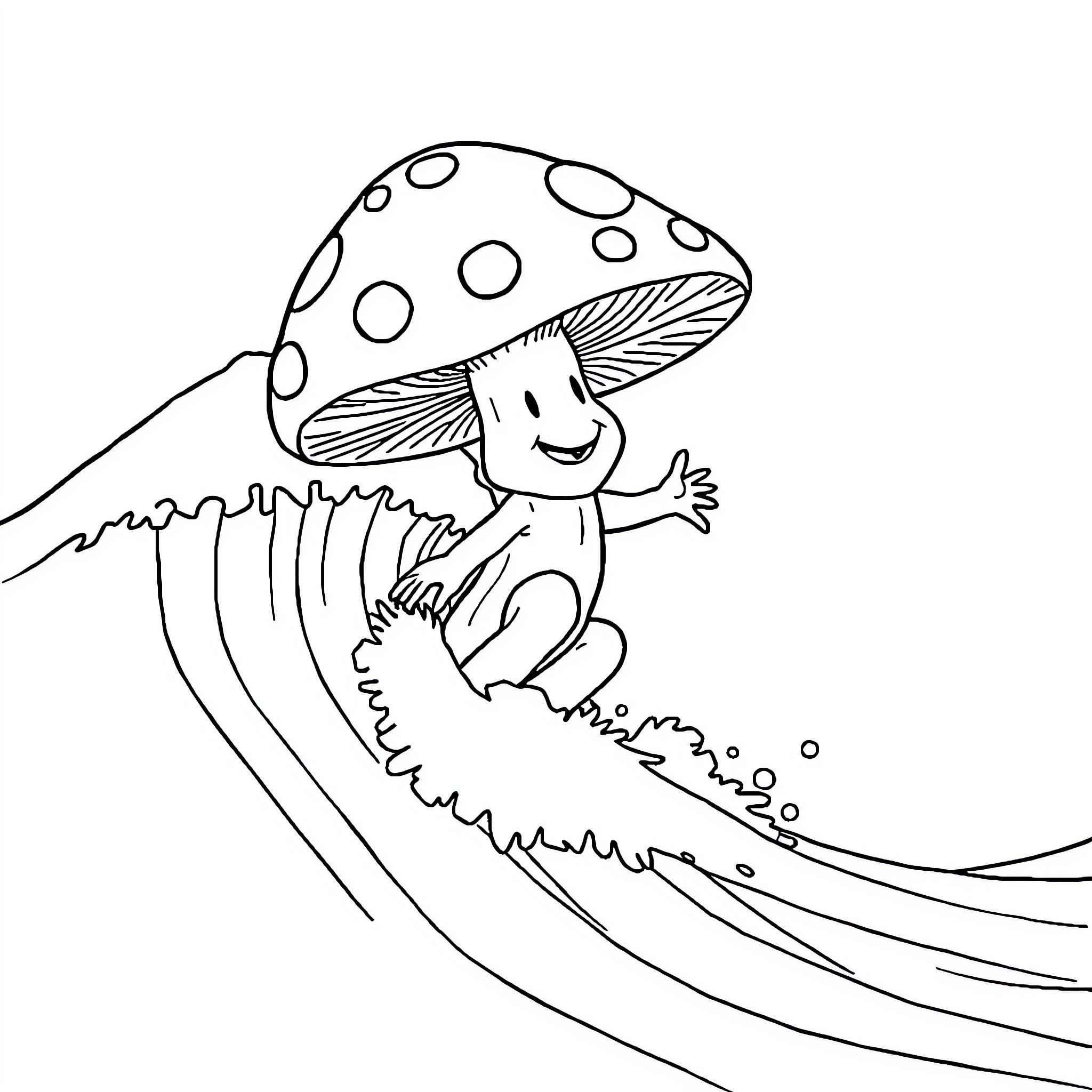 Mushroom character happily jumping Coloring Page (free black-and-white line drawing printable PDF for all, from beginners to advanced learners, including children, teens, adults, and seniors)