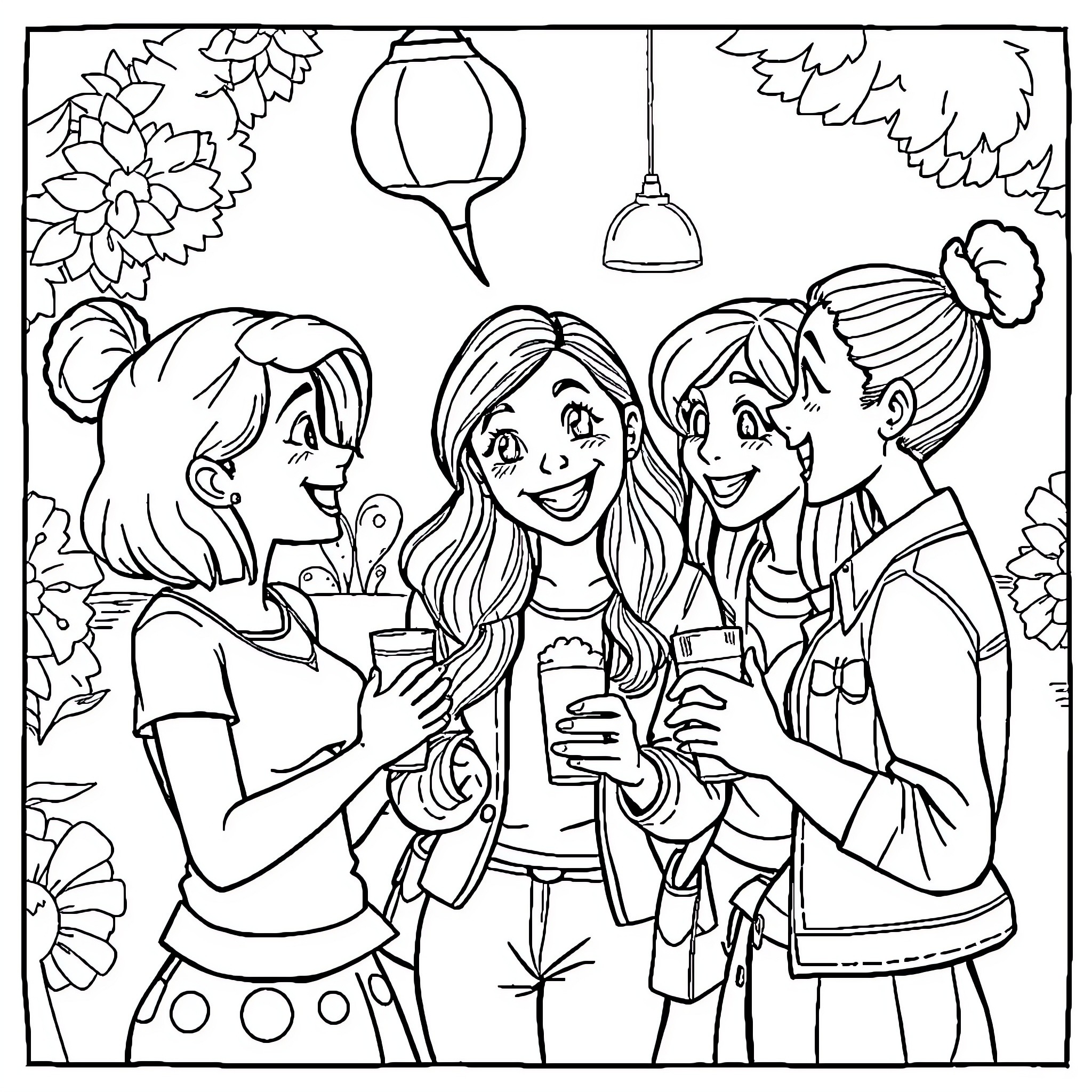 Gabby enjoying a social gathering with friends Coloring Page (free black-and-white line drawing printable PDF for all, from beginners to advanced learners, including children, teens, adults, and seniors)