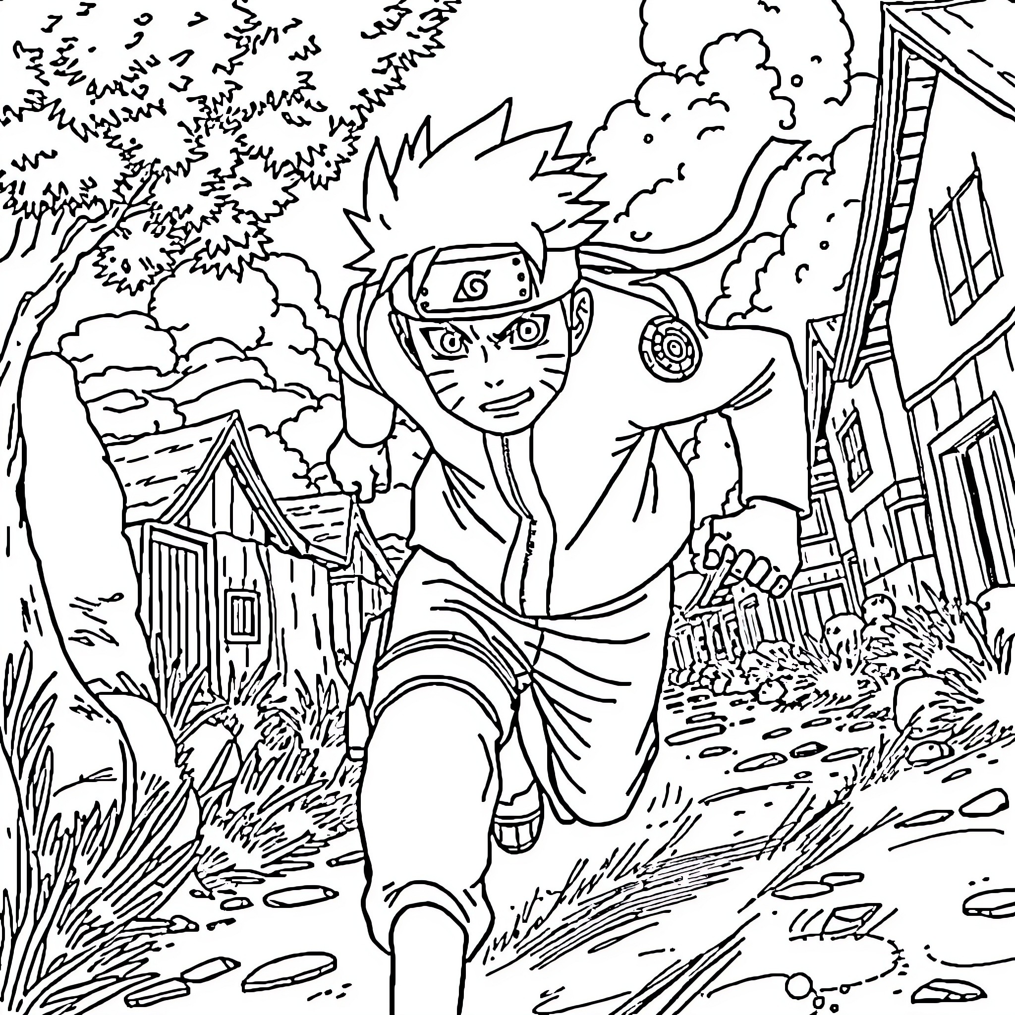 Naruto running excitedly through the village Coloring Page (free black-and-white line drawing printable PDF for all, from beginners to advanced learners, including children, teens, adults, and seniors)